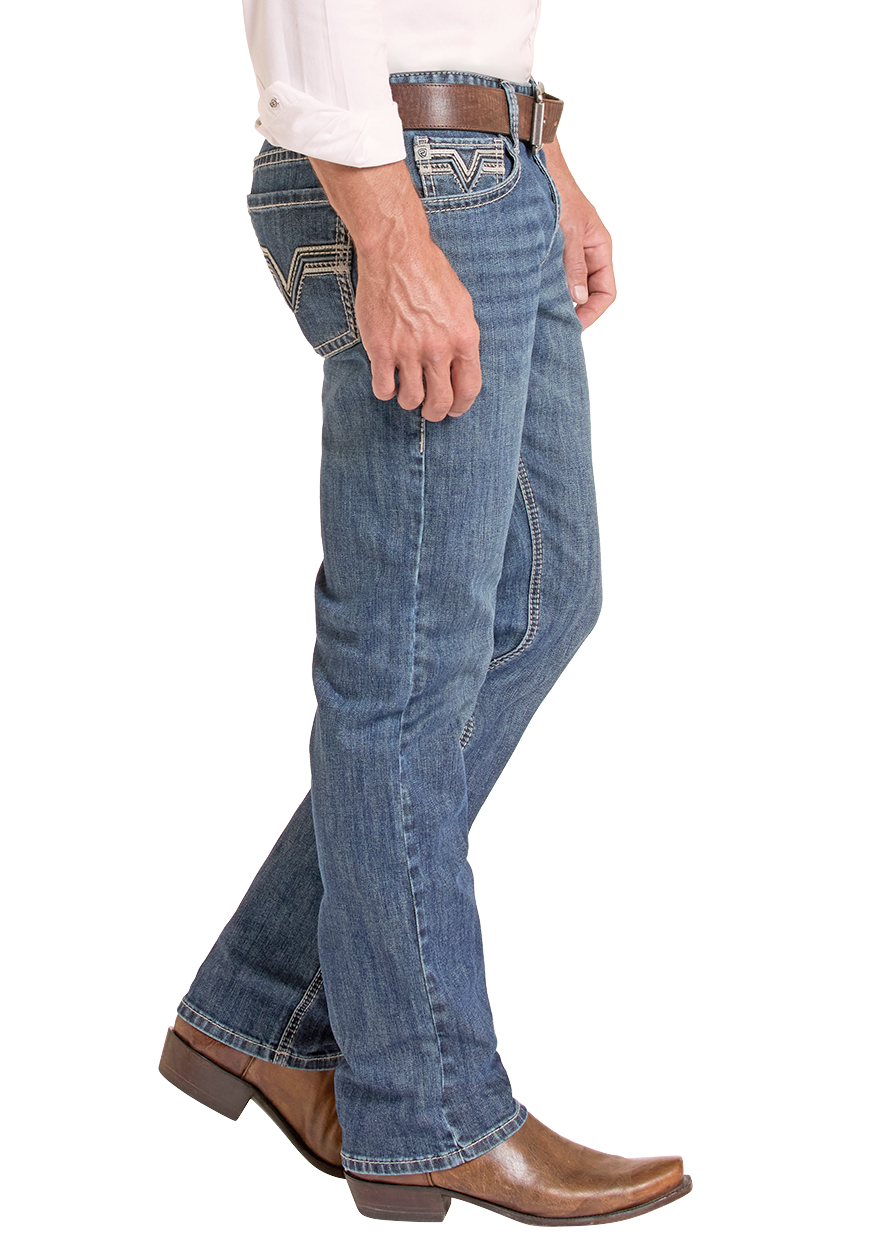 Man wearing a white shirt, blue jeans, and cowboy boots on a white background