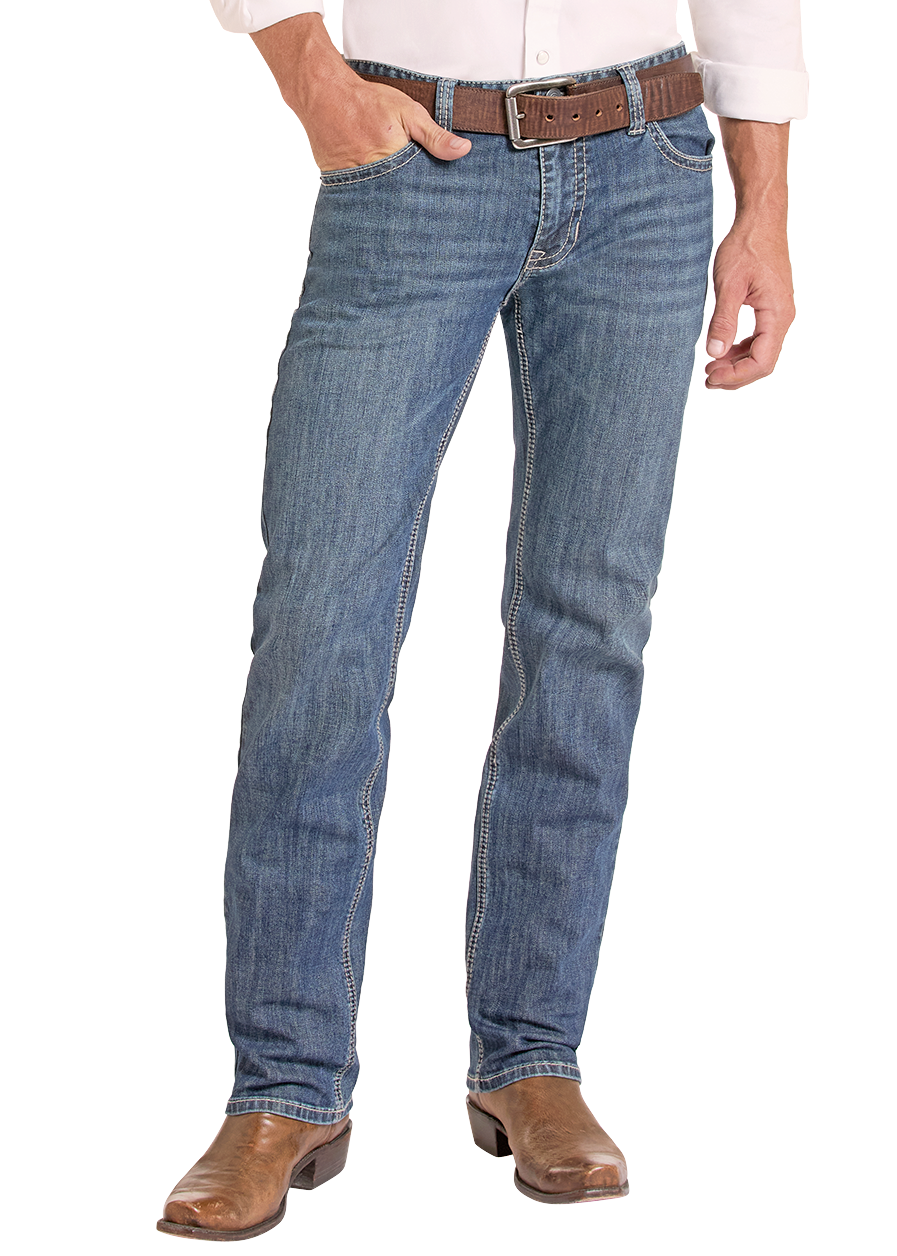 Man wearing a white shirt, blue jeans, and cowboy boots on a white background
