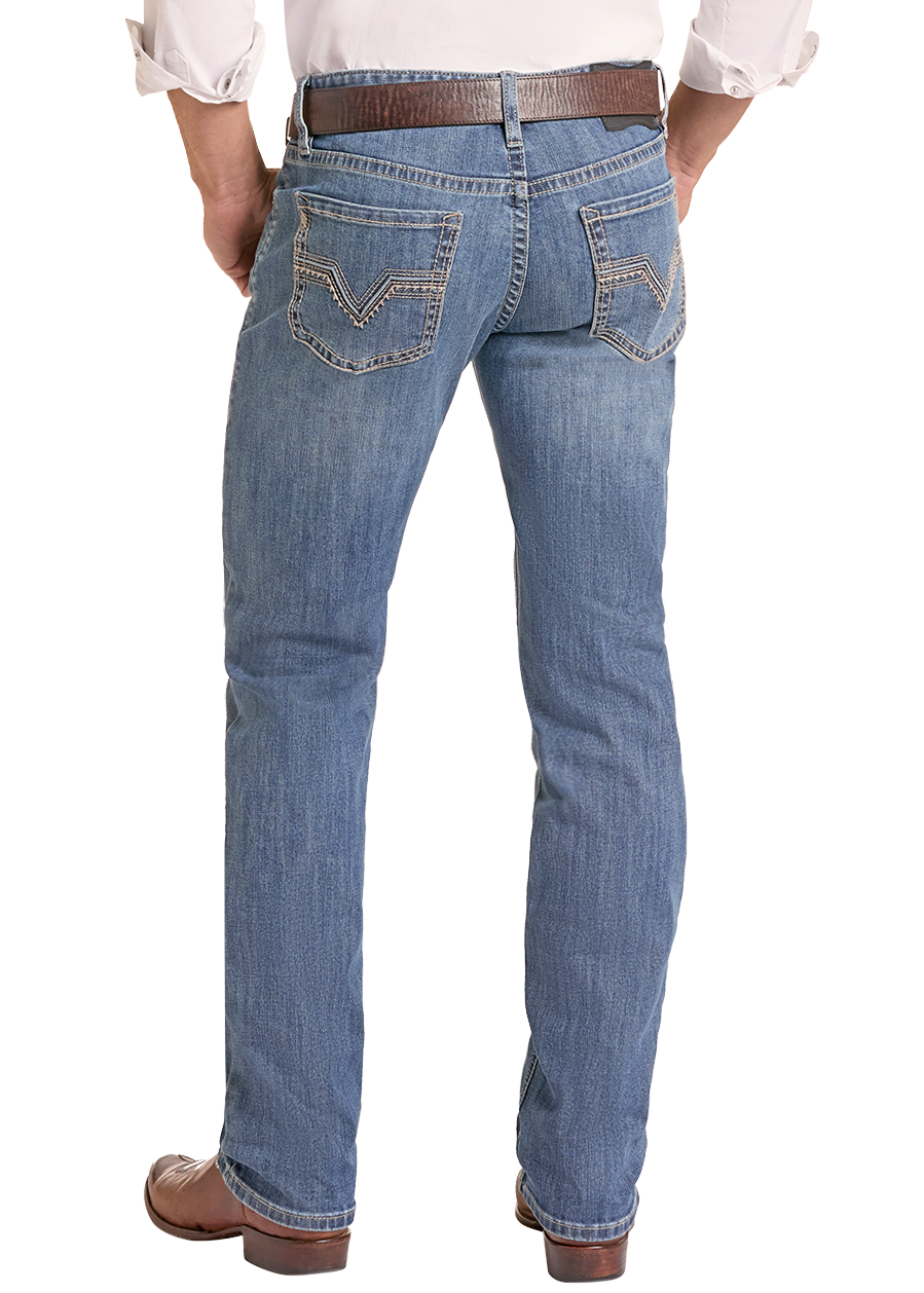 A man shown from the back wearing a light beige cowboy hat, a white long-sleeve button-down shirt, blue jeans, and brown boots, photographed against a plain white background.