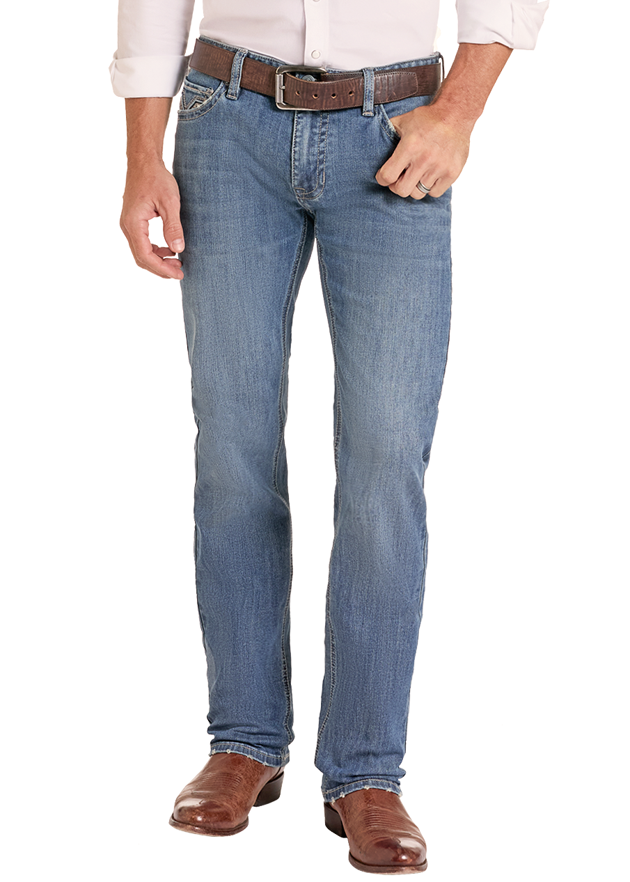 A man modeling a light pink western long-sleeve button-down shirt, blue jeans, a brown belt, brown boots, and a tan cowboy hat against a plain white background.