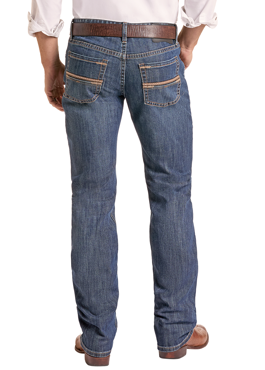 A man shown from the back wearing a tan cowboy hat, a white long-sleeve button-down shirt, blue jeans, and brown boots, isolated on a white background.
