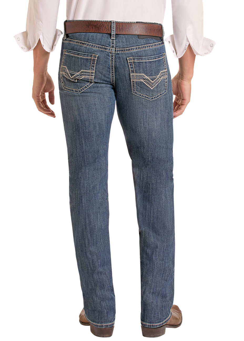 Rear view of a man wearing a white long-sleeve button-down shirt, blue jeans, a brown belt, and a black cowboy hat against a white background.