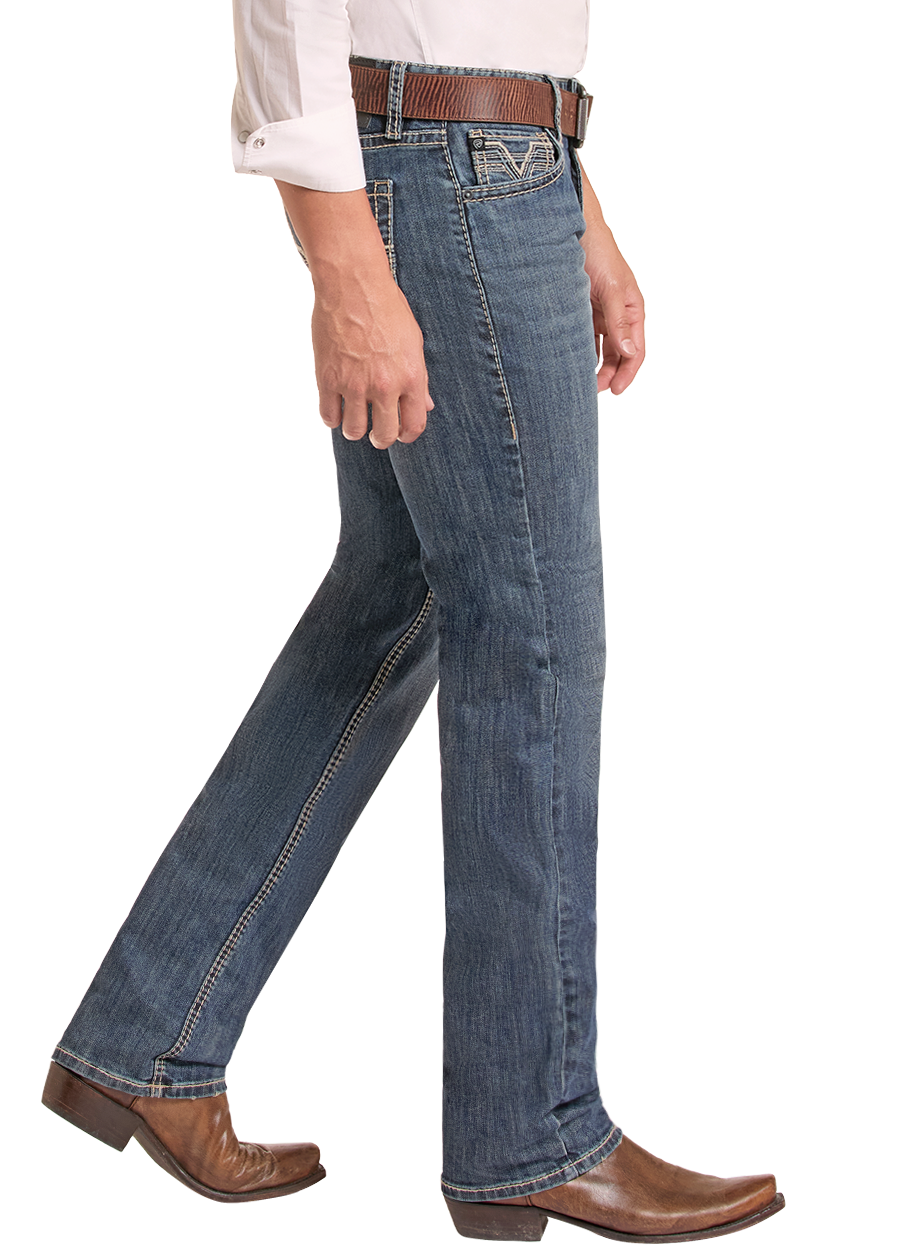 A man wearing a black cowboy hat, a light pink long-sleeve button-down shirt, blue jeans, and brown cowboy boots, shown in profile against a solid white background.