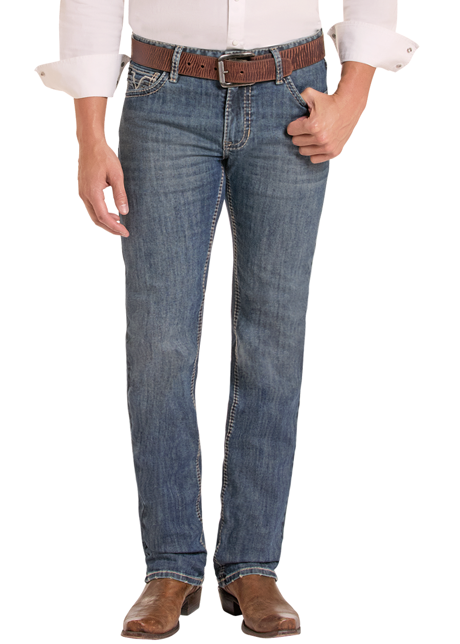 A man modeling a light pink western long-sleeve button-down shirt, blue jeans, a brown belt, brown boots, and a black cowboy hat against a plain white background.
