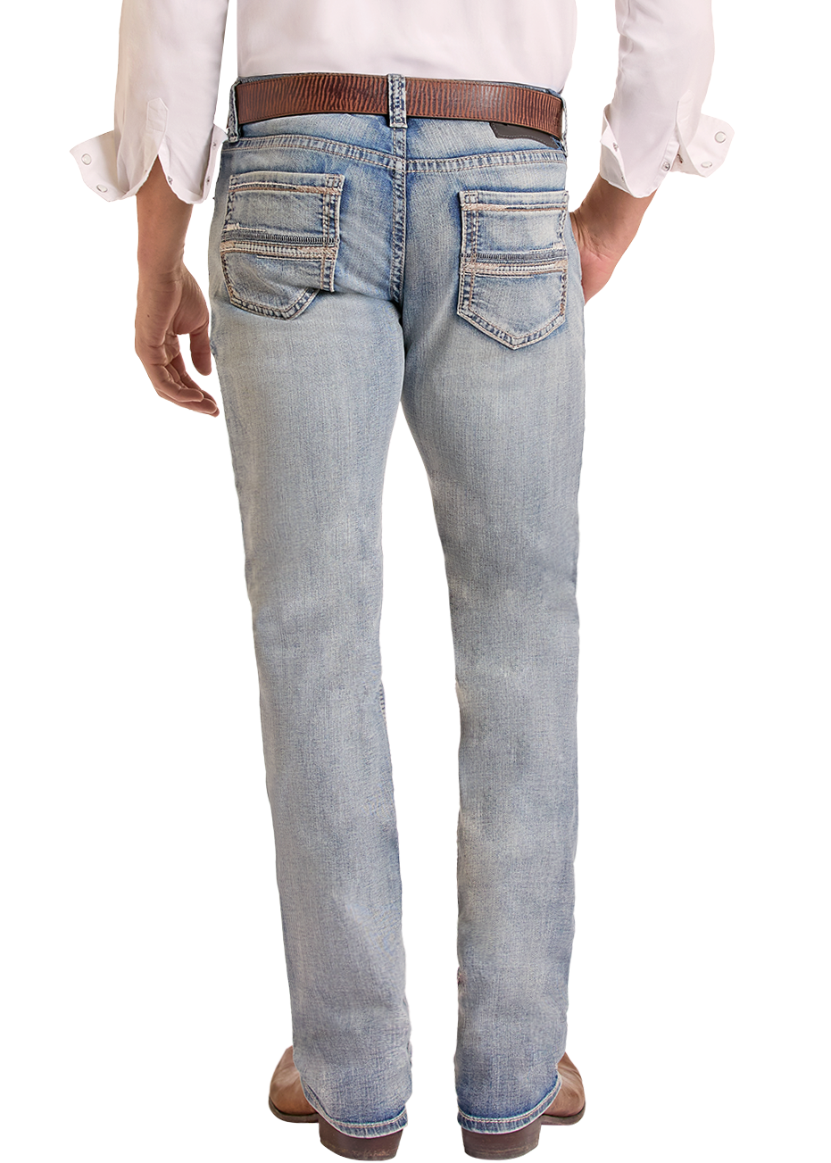Rear view of a man wearing a light pink long-sleeve button-down shirt, light-wash blue jeans, a brown belt, and a brown cowboy hat against a white background.