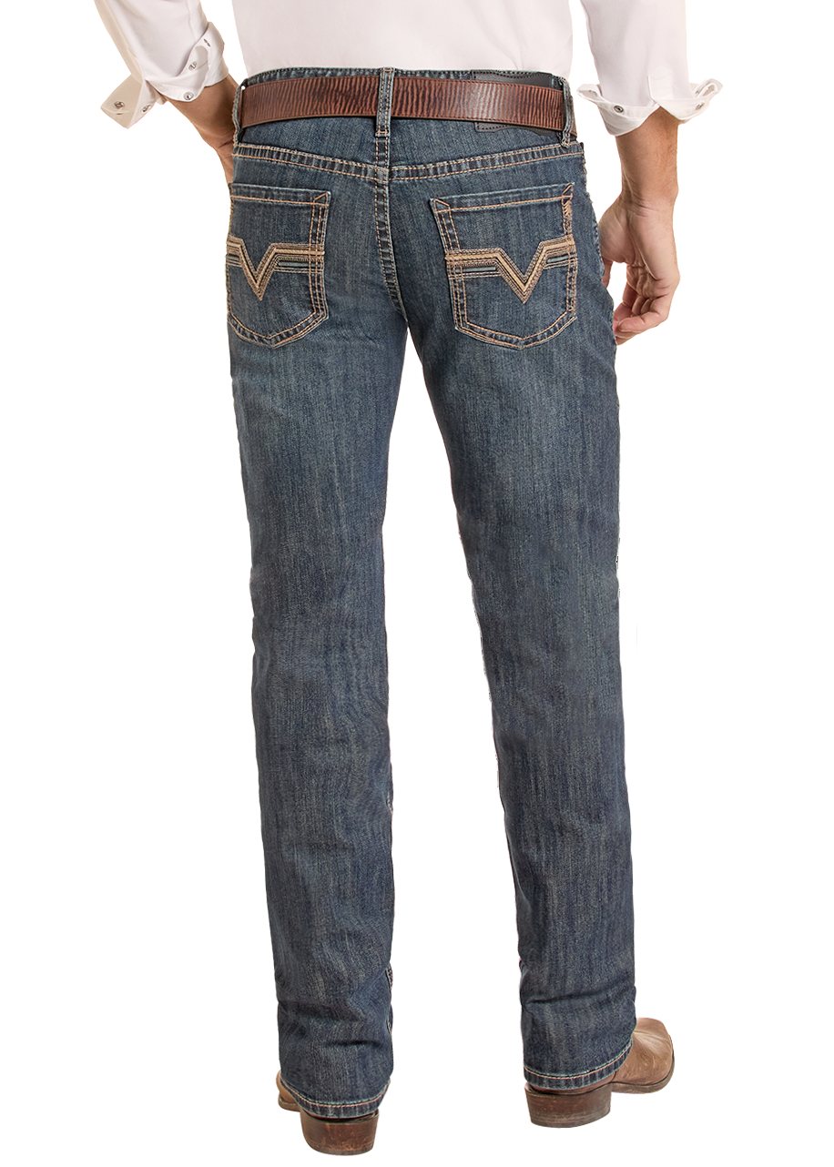 man wearing dark wash straight leg jeans.