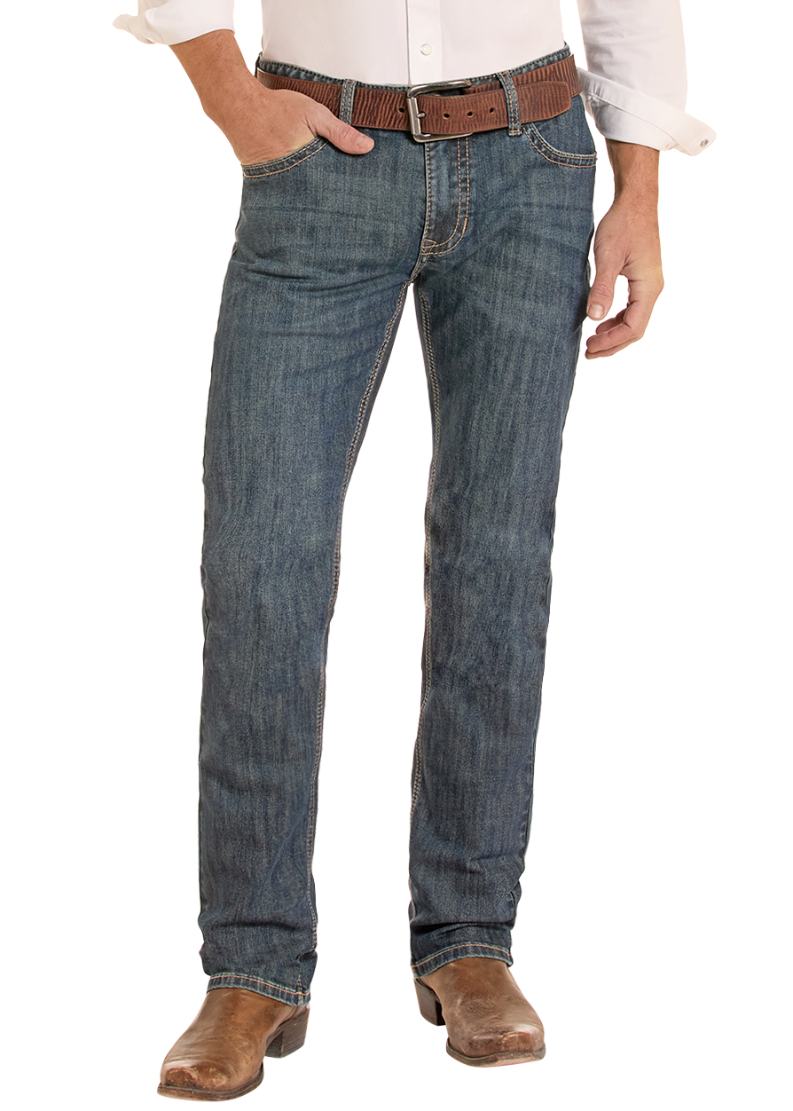 Man wearing dark wash straight leg jeans.