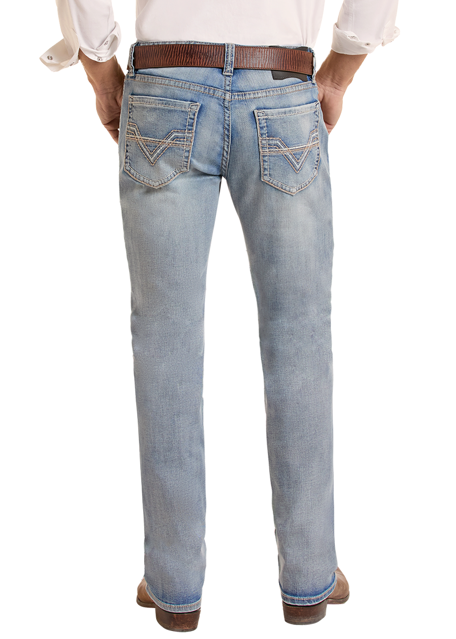Back of a man wearing acid wash jeans.