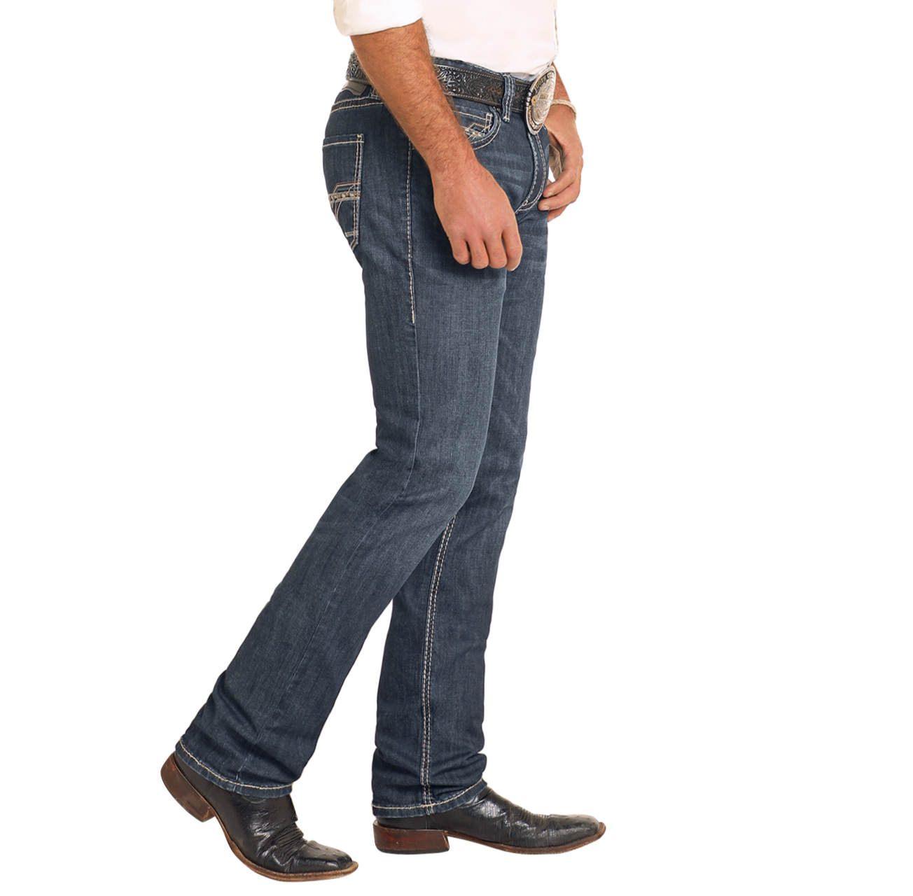 Men's Skinny Fit Raised Stitch Straight Leg Jeans Rock Roll Denim