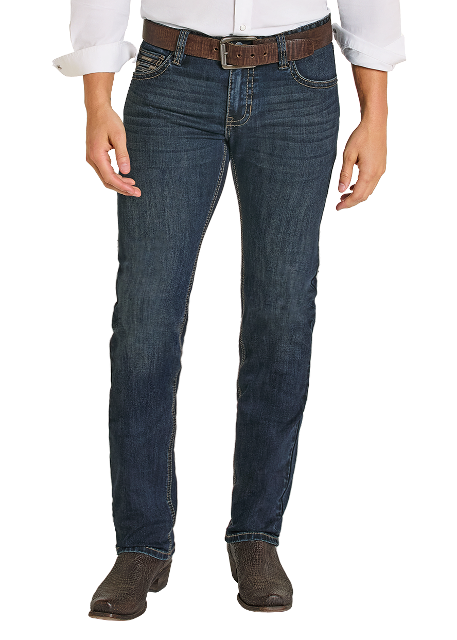 Man wearing a white shirt, blue jeans, and a brown cowboy hat on a white background