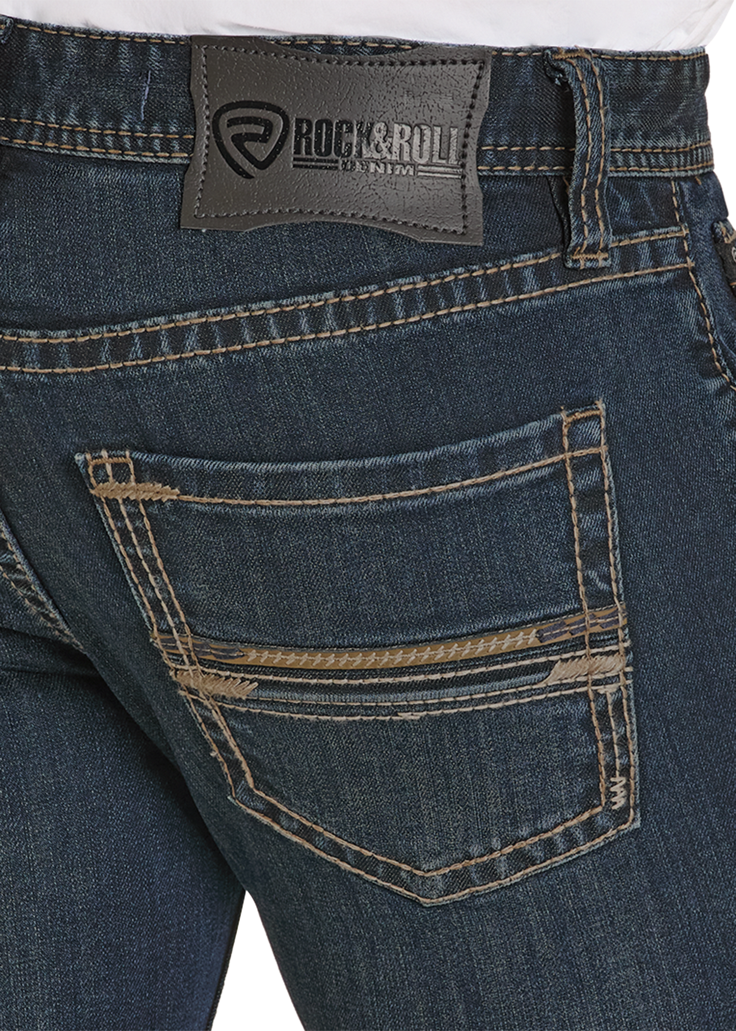 Close-up of blue jeans with a visible brand label on a white background