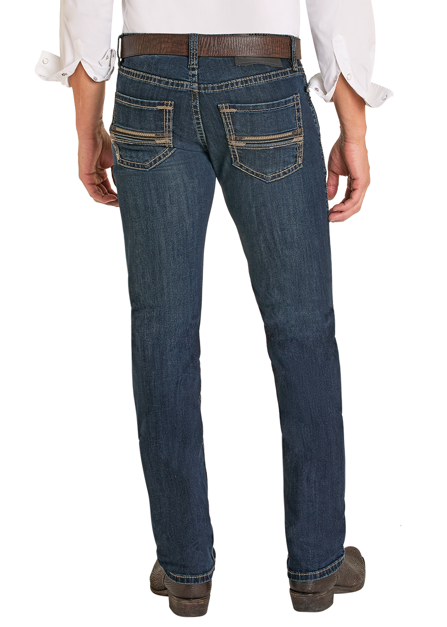 Man wearing a white shirt, blue jeans, and a brown hat on a white background