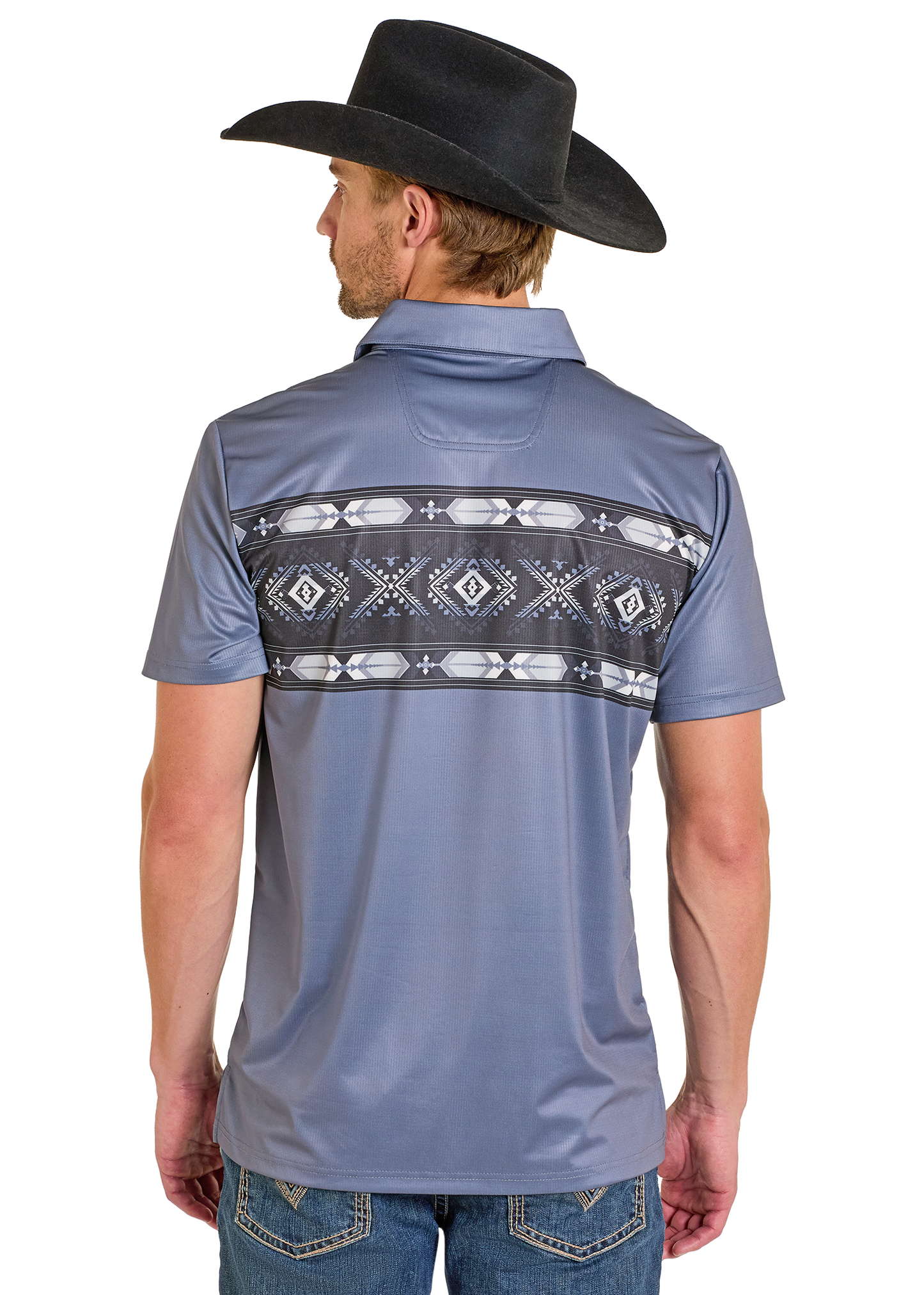 Man wearing a blue shirt with a patterned back and a black cowboy hat on a white background
