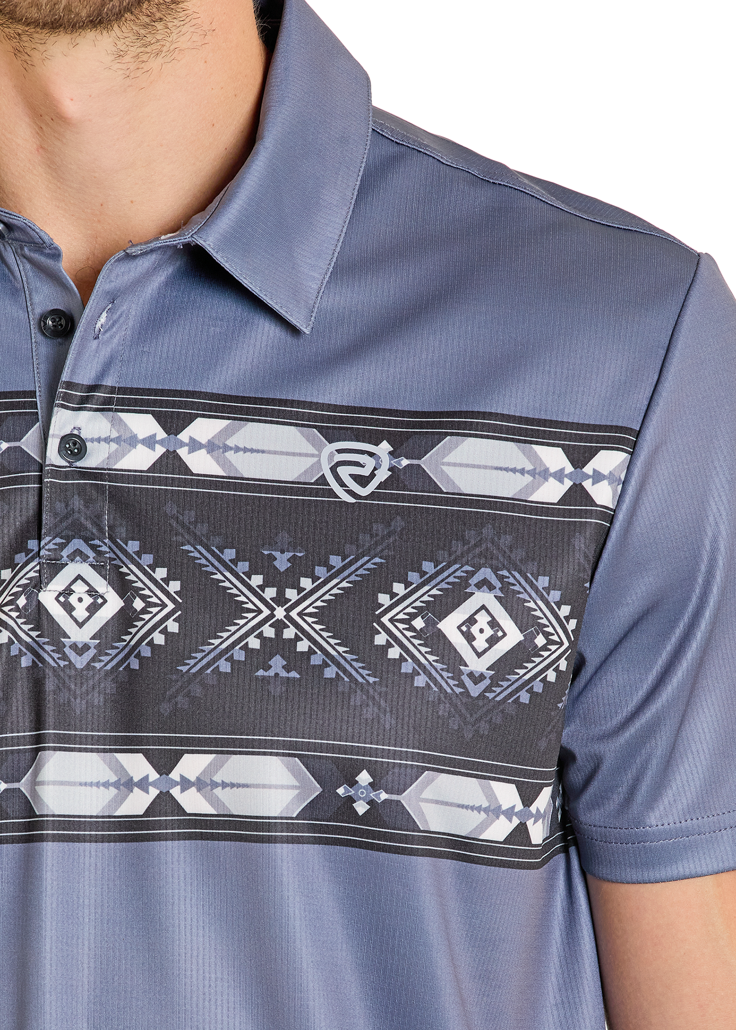 Close-up of a blue polo shirt with geometric pattern