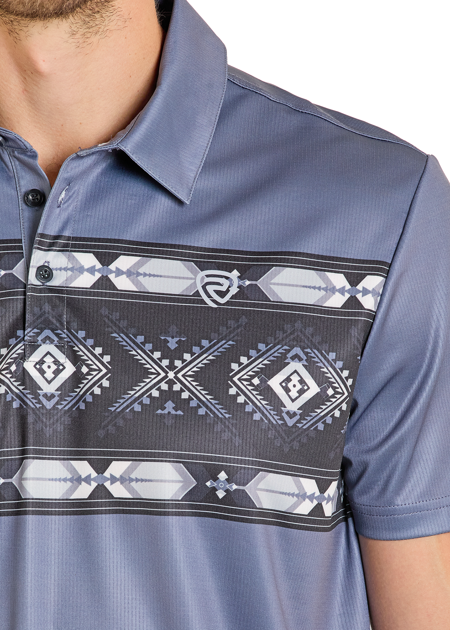 Close-up of a blue polo shirt with geometric pattern