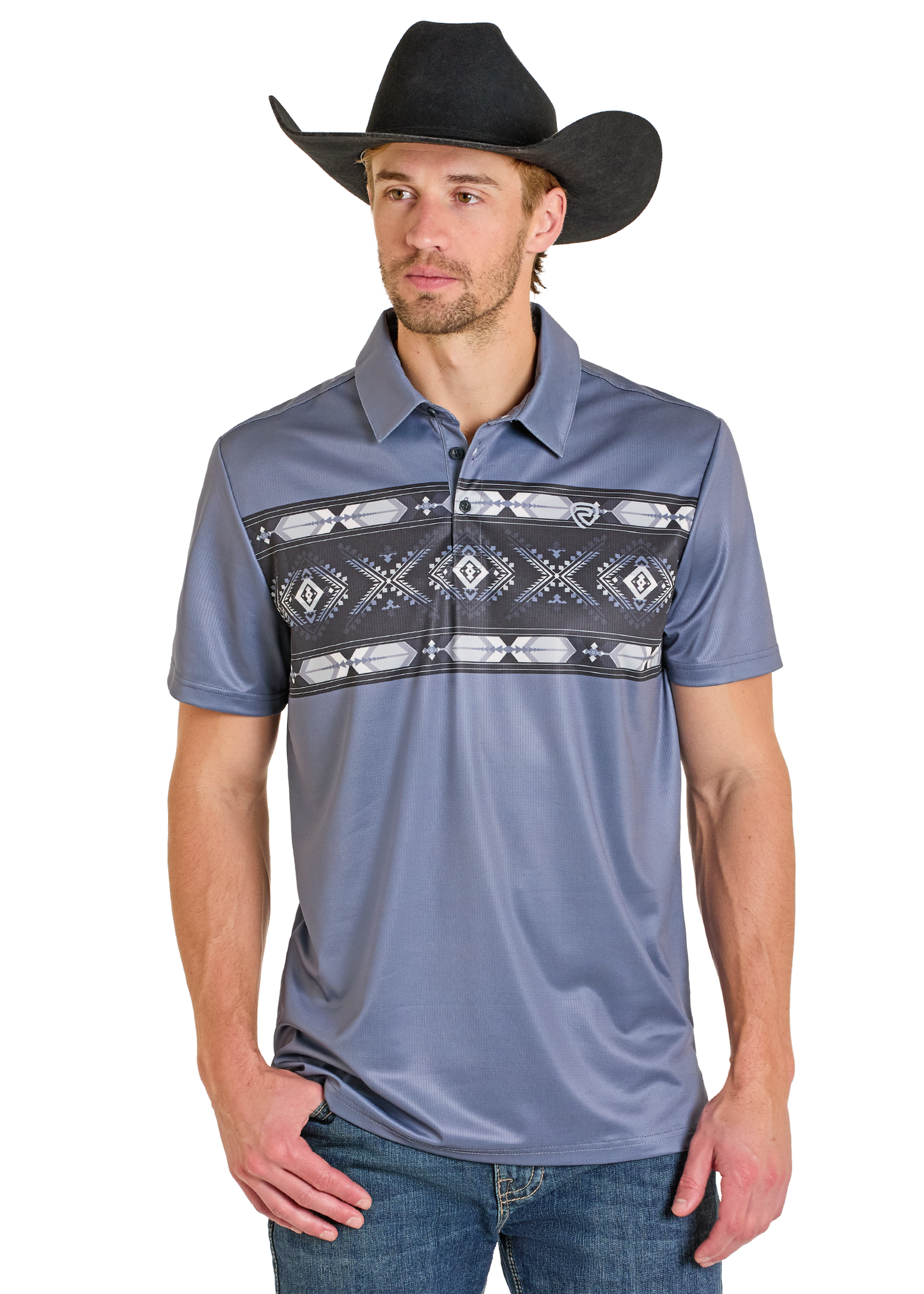 Man wearing a gray polo shirt with tribal patterns and a black cowboy hat on a white background