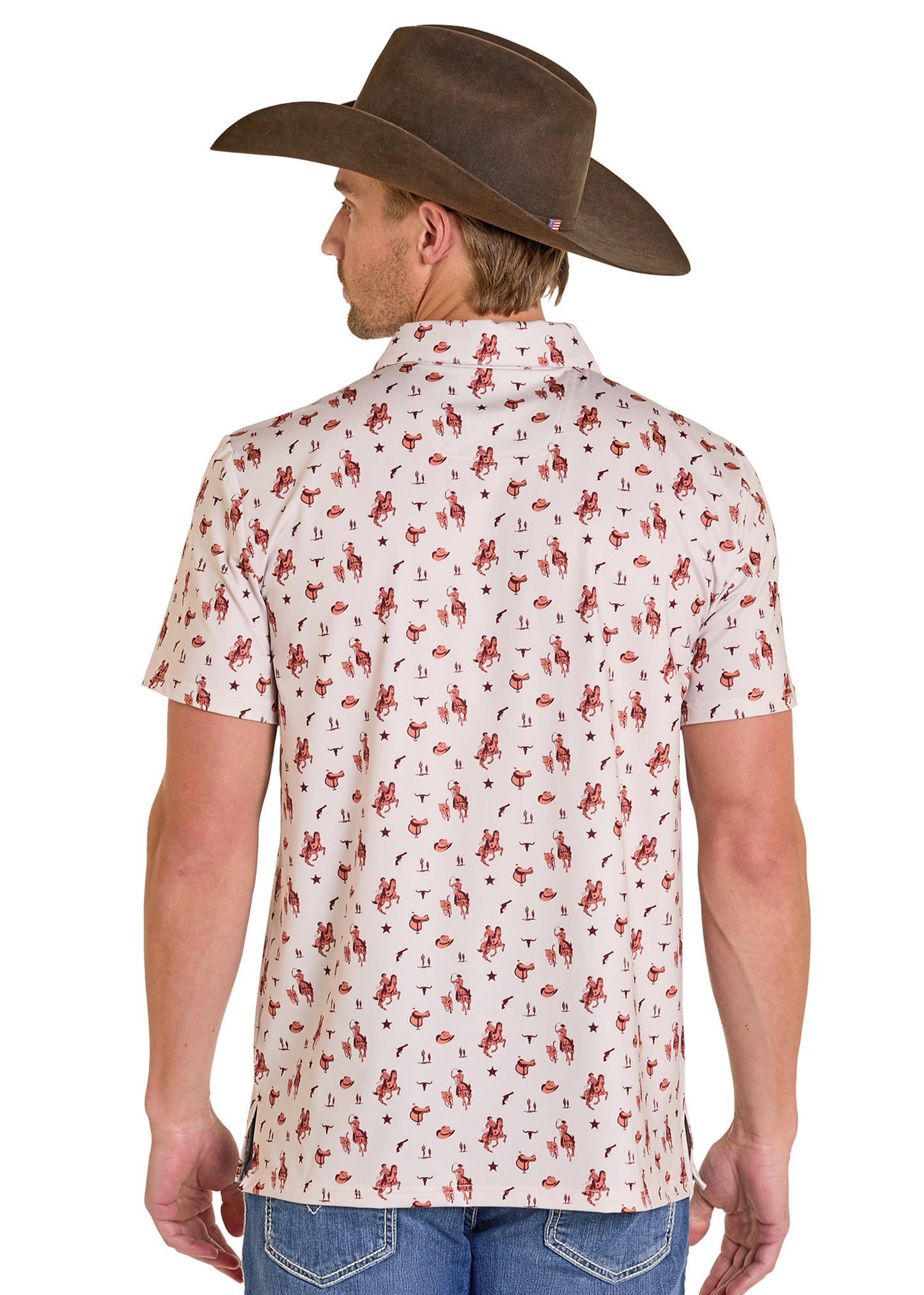 Man wearing a patterned shirt and cowboy hat on a white background