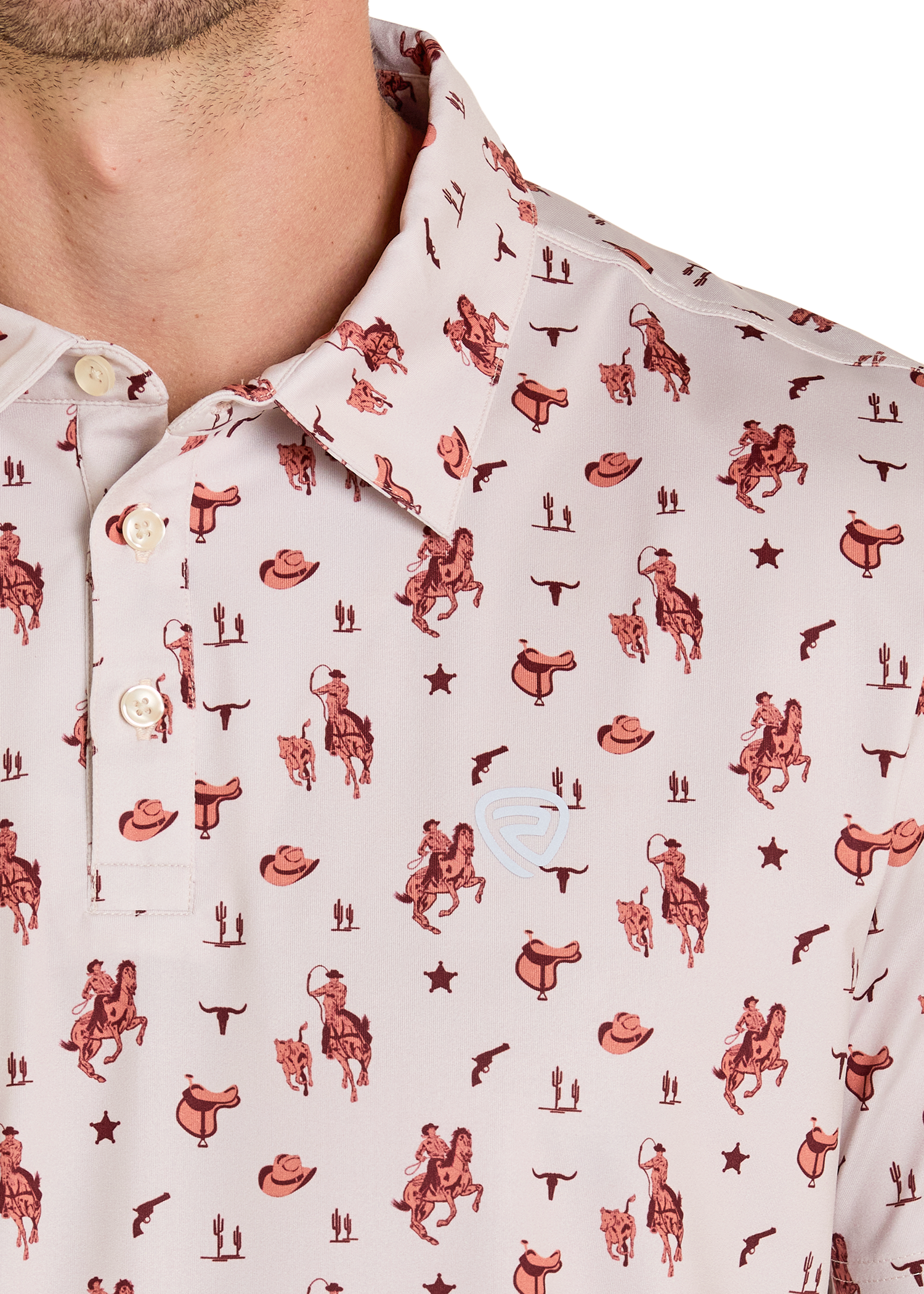 Close-up of a shirt with red cowboy pattern on a white background