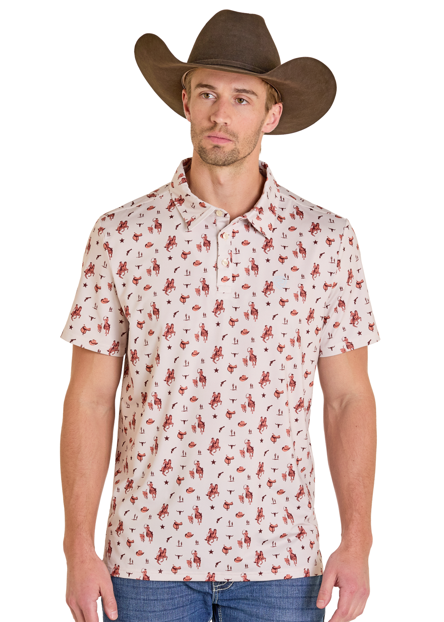 Man wearing a patterned shirt and cowboy hat on a white background