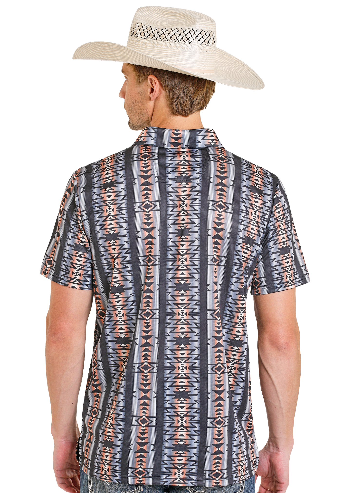 Man wearing a patterned shirt and cowboy hat on a white background