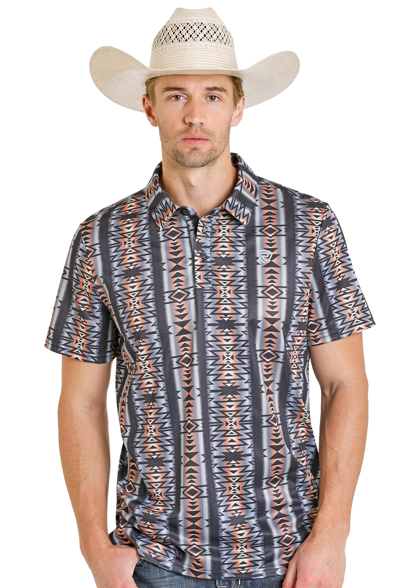 Man wearing a patterned shirt and cowboy hat on a white background
