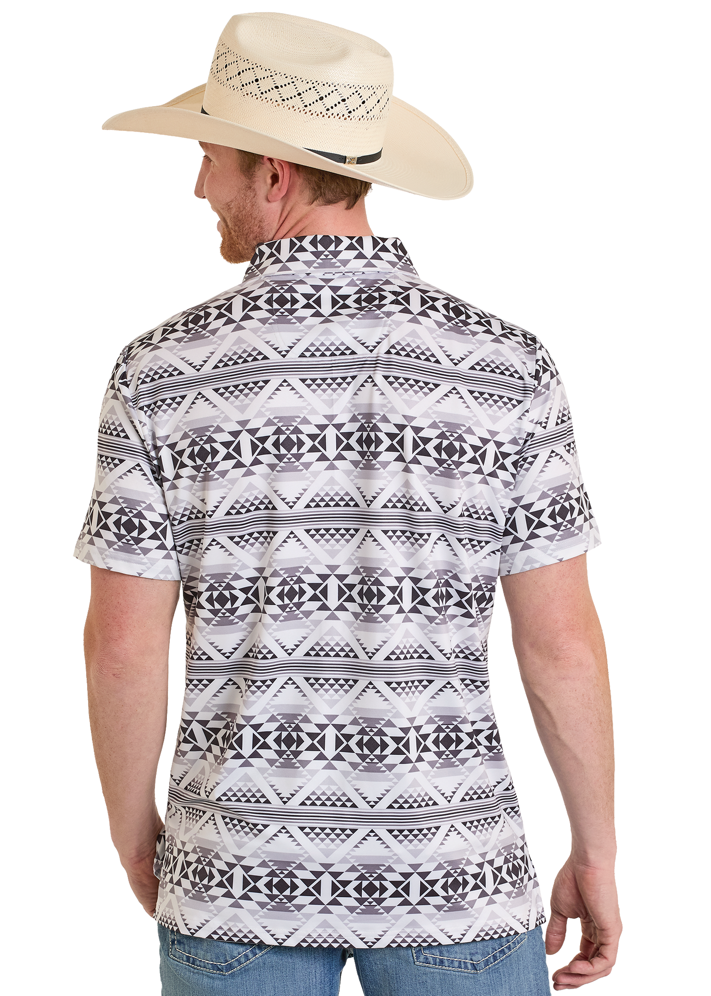 Man wearing a patterned short-sleeve shirt and cowboy hat on a white background