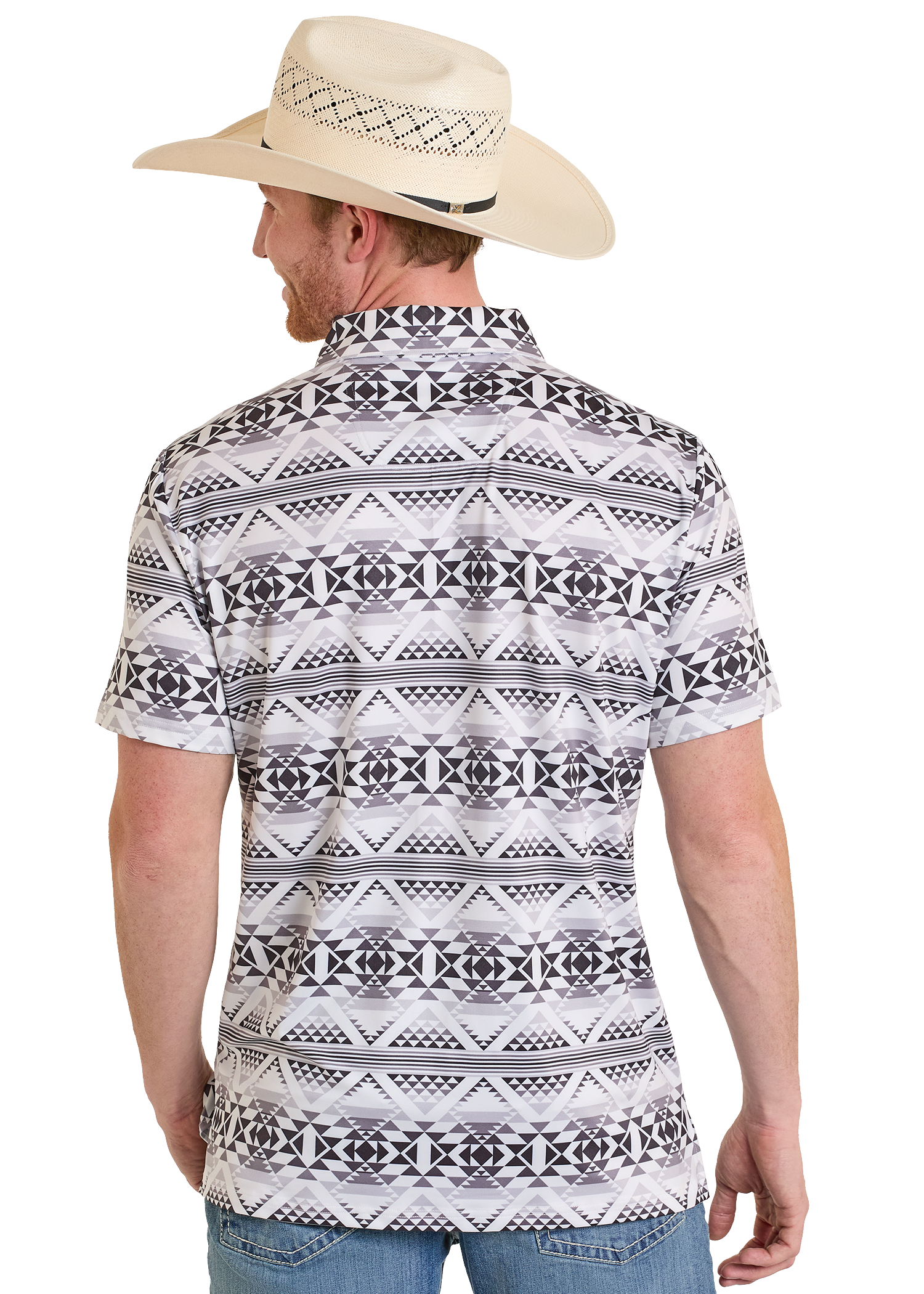 Man wearing a patterned short-sleeve shirt and cowboy hat on a white background