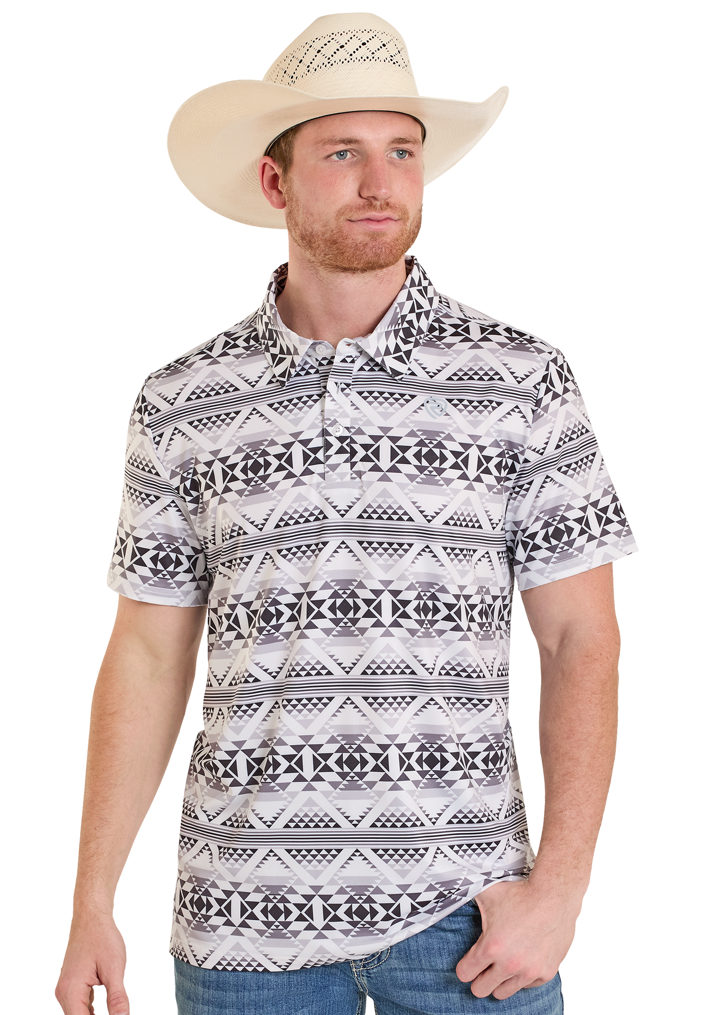 Man wearing a patterned shirt and cowboy hat on a white background