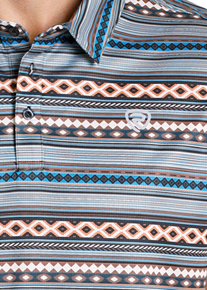 Man wearing a patterned polo shirt and cowboy hat on a white background