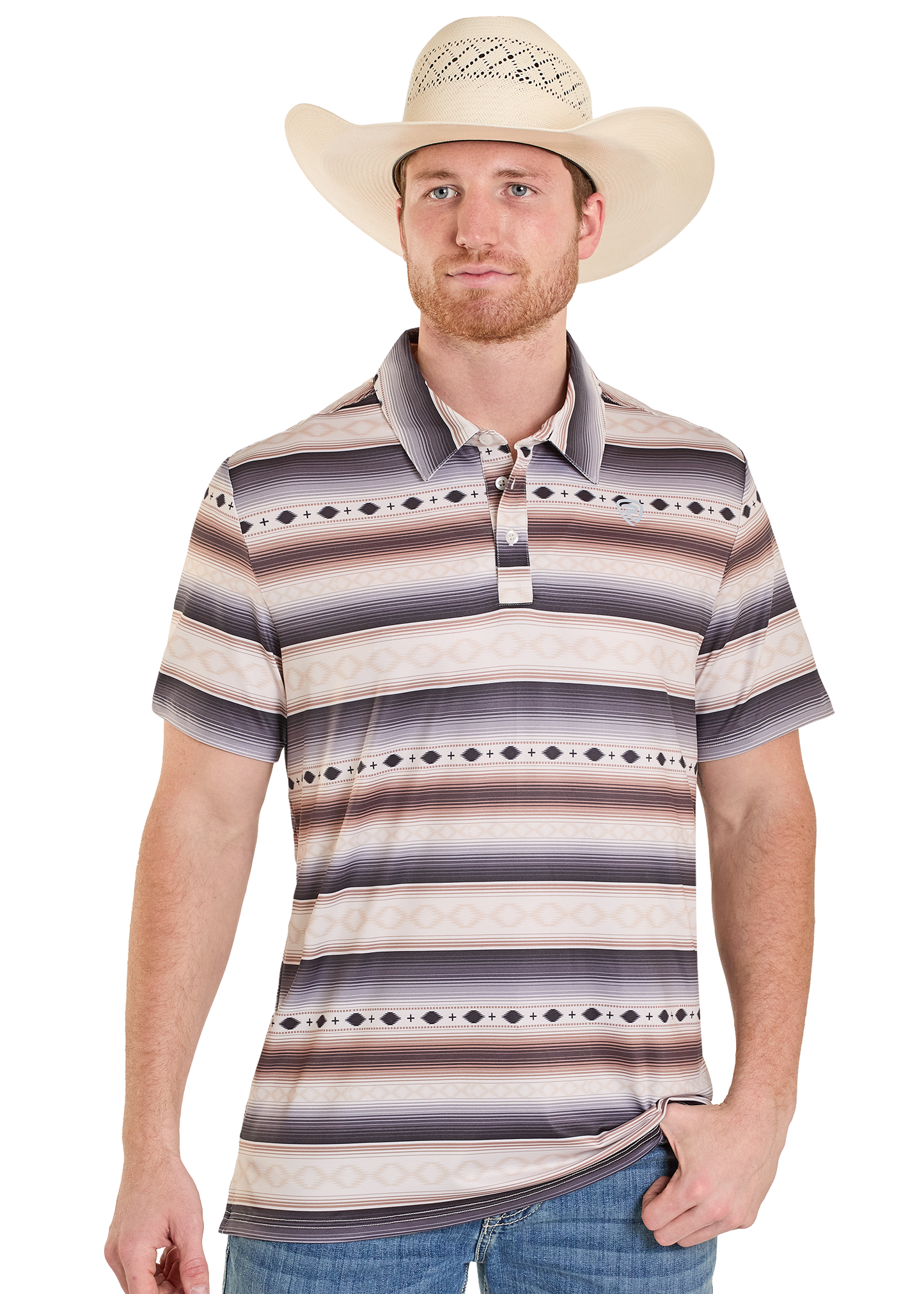 Man wearing a striped polo and cowboy hat. 