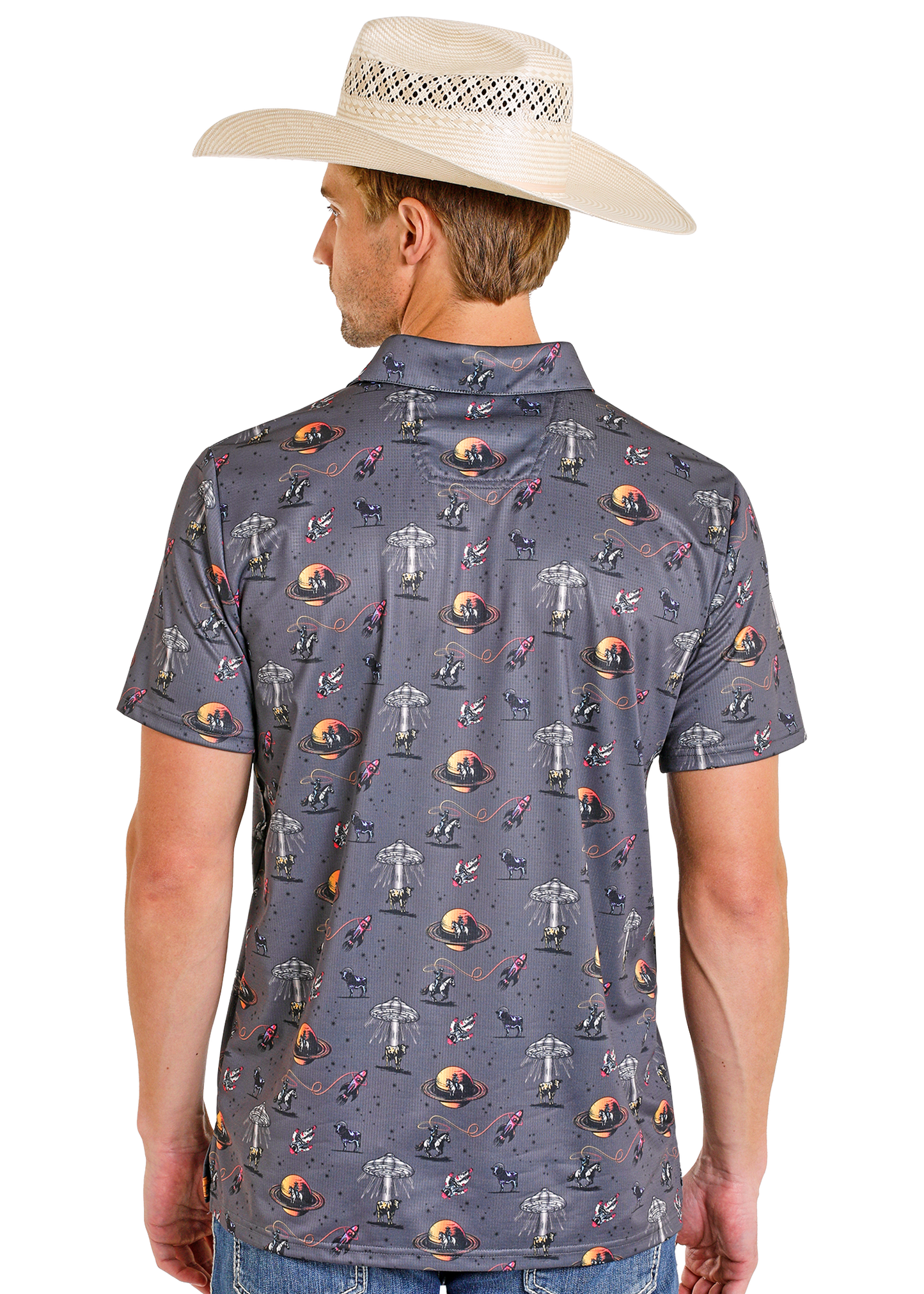 Man wearing a patterned shirt and cowboy hat on a white background