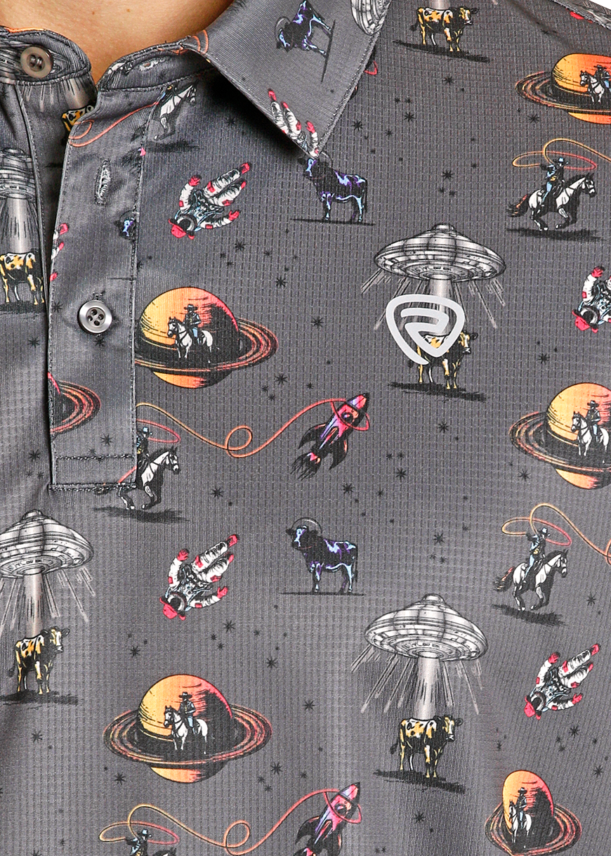 Gray shirt with colorful pattern of carousel horses and merry-go-rounds on a white background