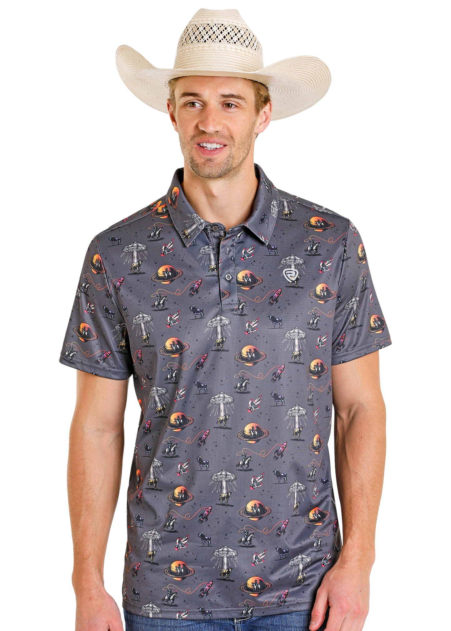 Man wearing a patterned shirt and cowboy hat on a white background