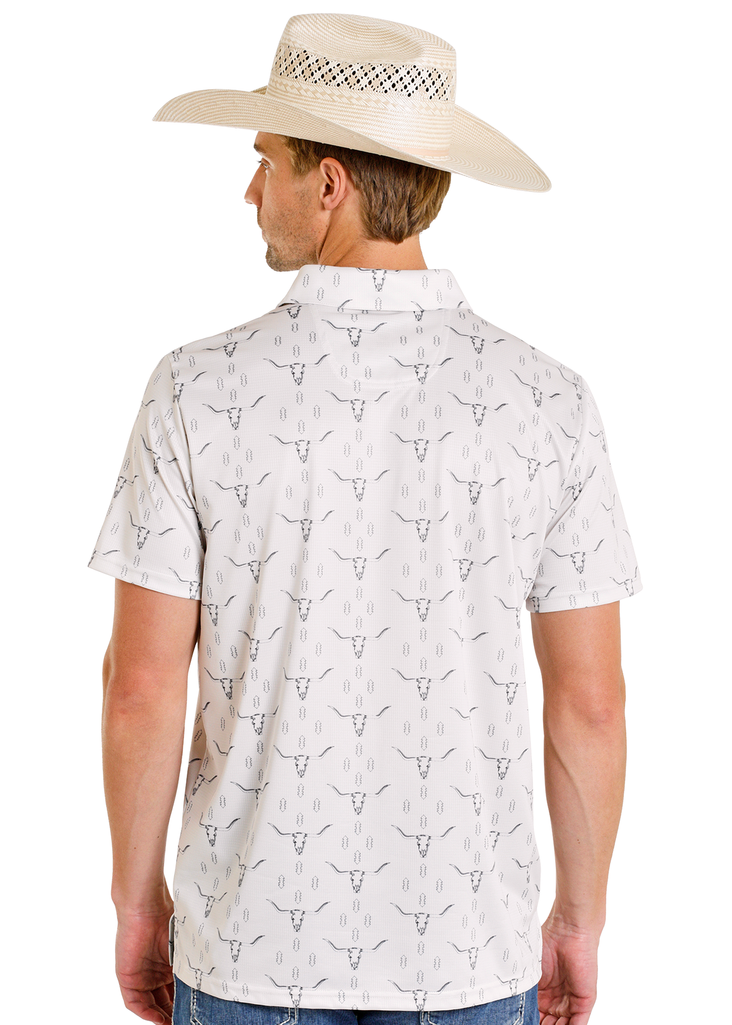 Man wearing a white short-sleeve shirt with bull head pattern and a beige cowboy hat on a white background
