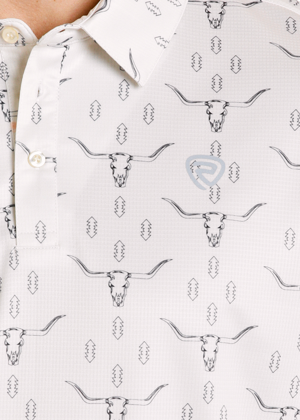 Close-up of a white polo shirt with black longhorn bull skull pattern