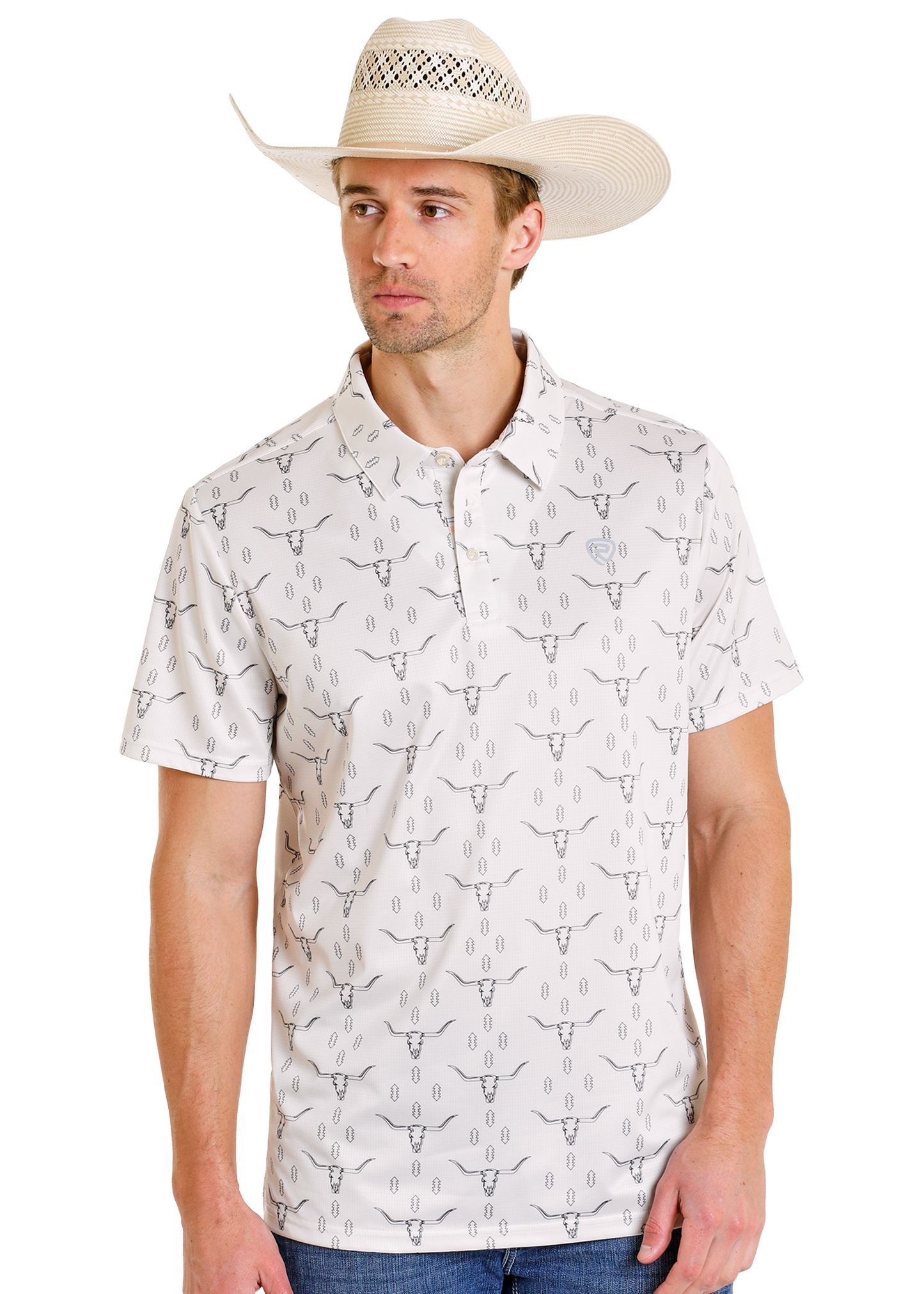 Man wearing a white short-sleeve shirt with black bull head pattern and a cowboy hat on a white background