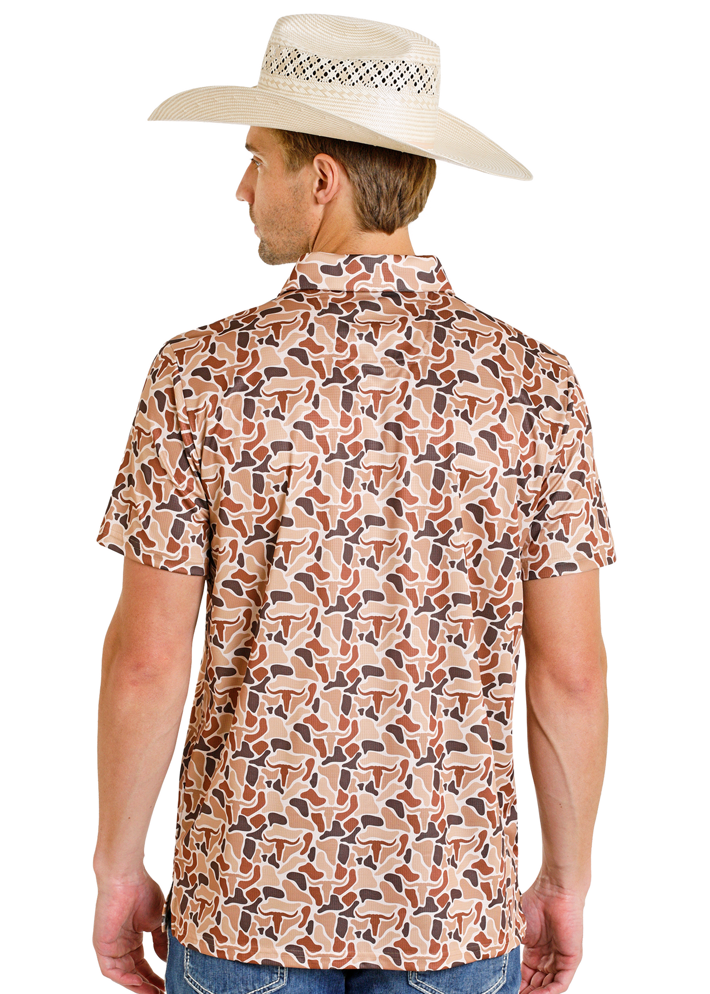 Man wearing a patterned shirt and cowboy hat on a white background