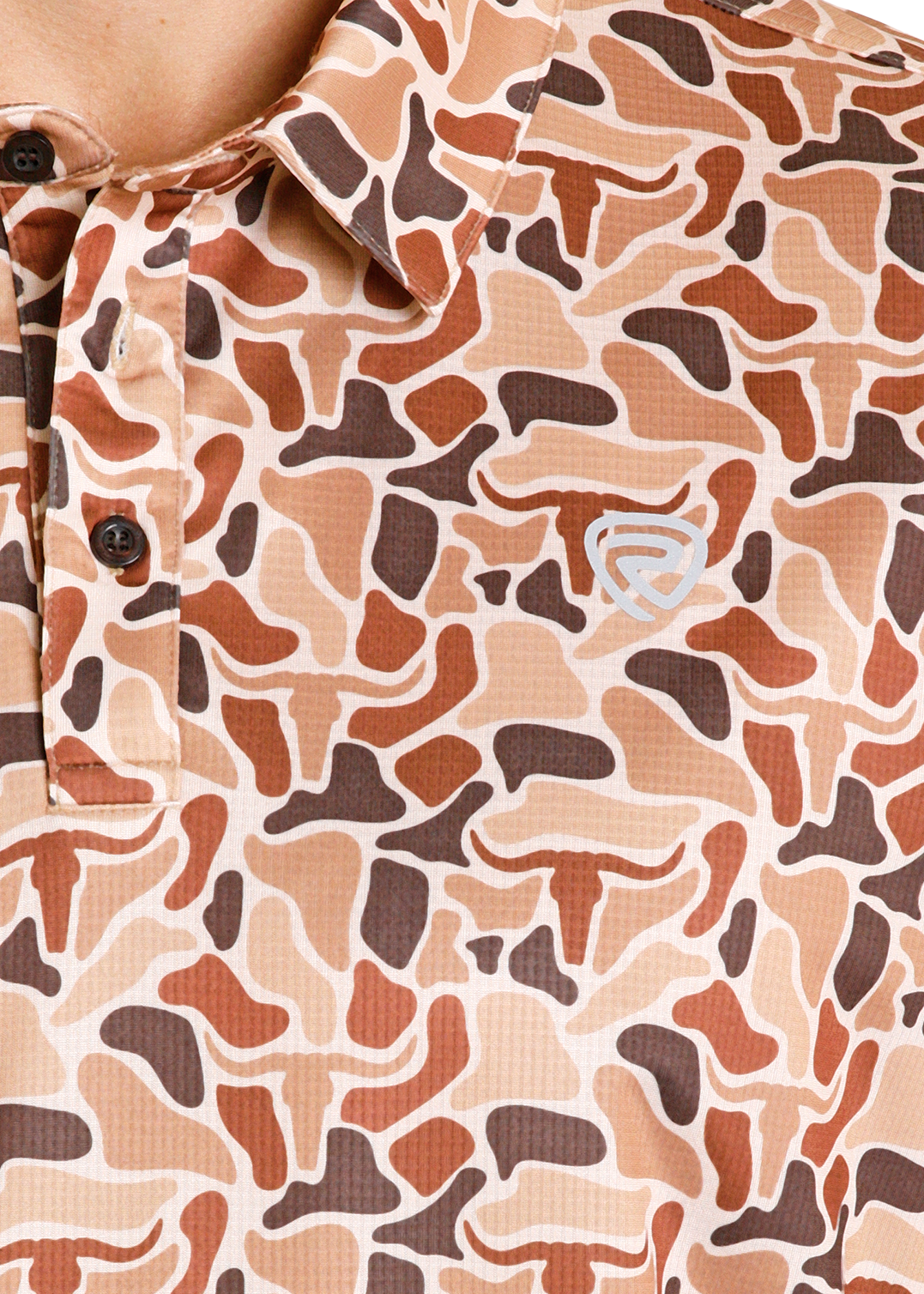 Close-up of a camo patterned polo shirt with brown and beige colors