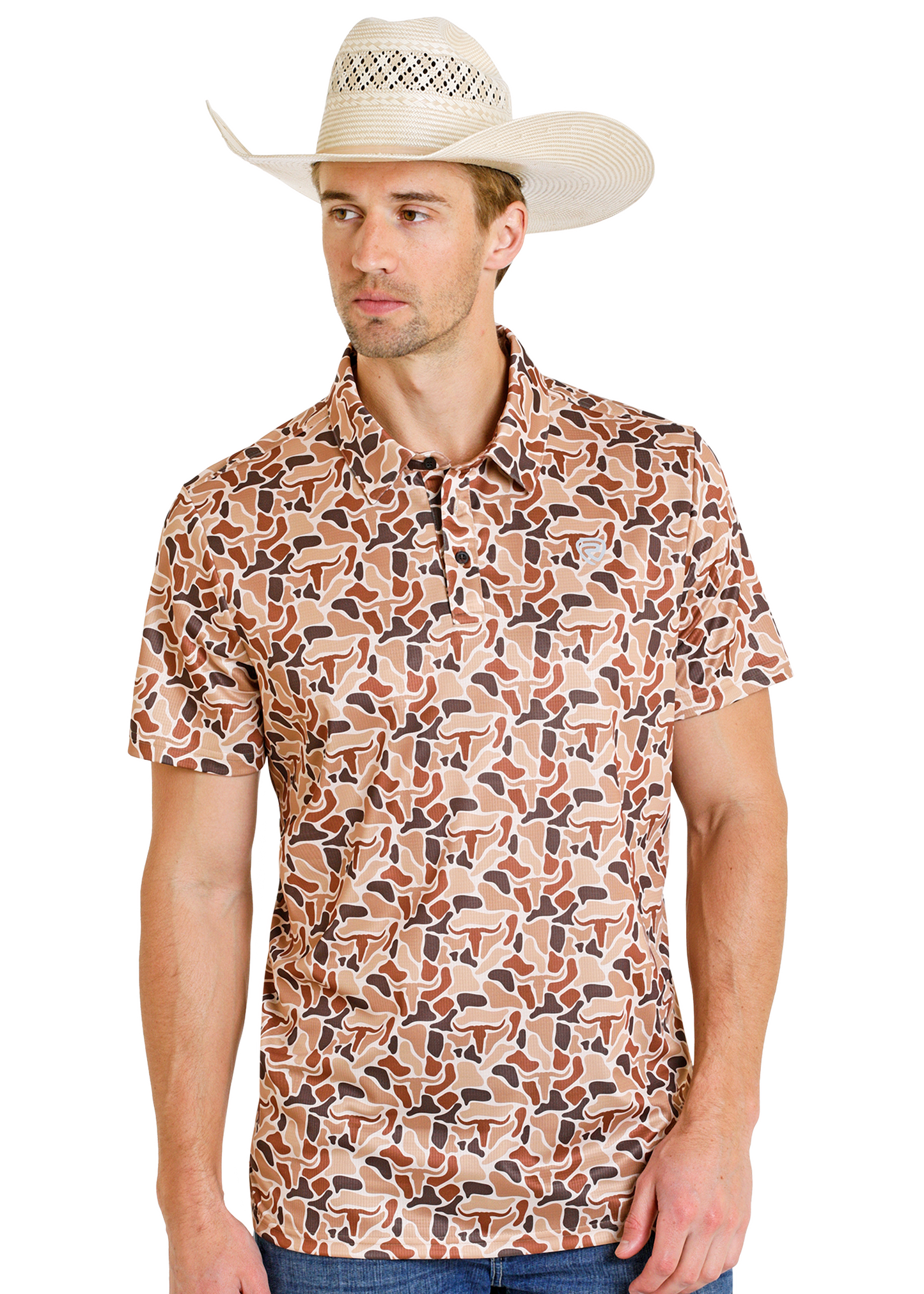 Man wearing a patterned shirt and cowboy hat on a white background