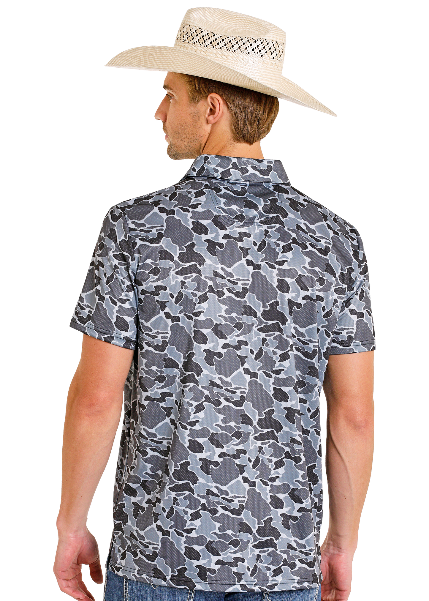 Man wearing a camouflage shirt and cowboy hat on a white background