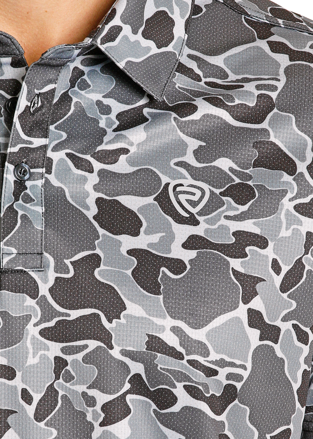 Gray camouflage patterned polo shirt with a brand logo on a white background