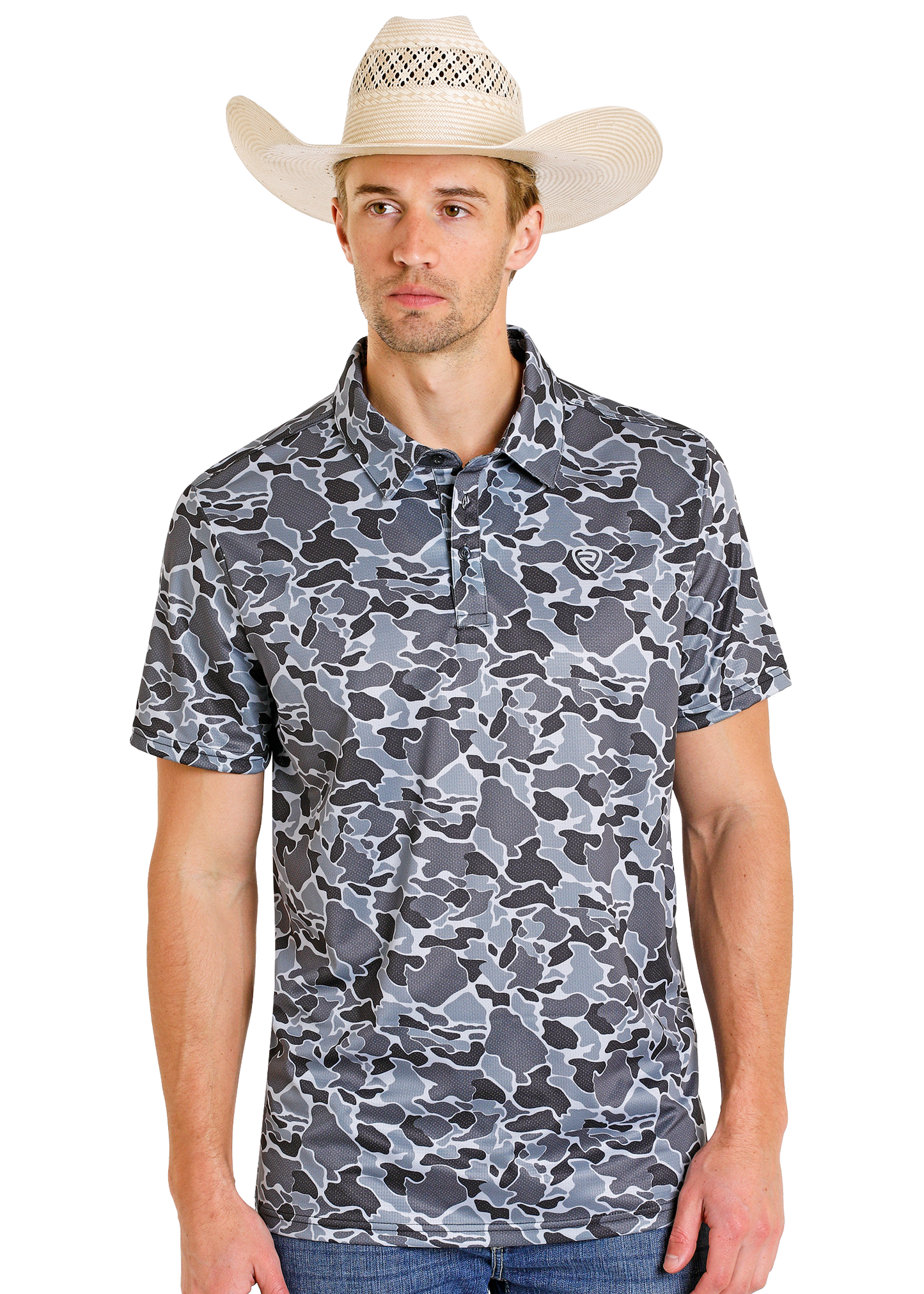 Man wearing a camouflage shirt and cowboy hat on a white background