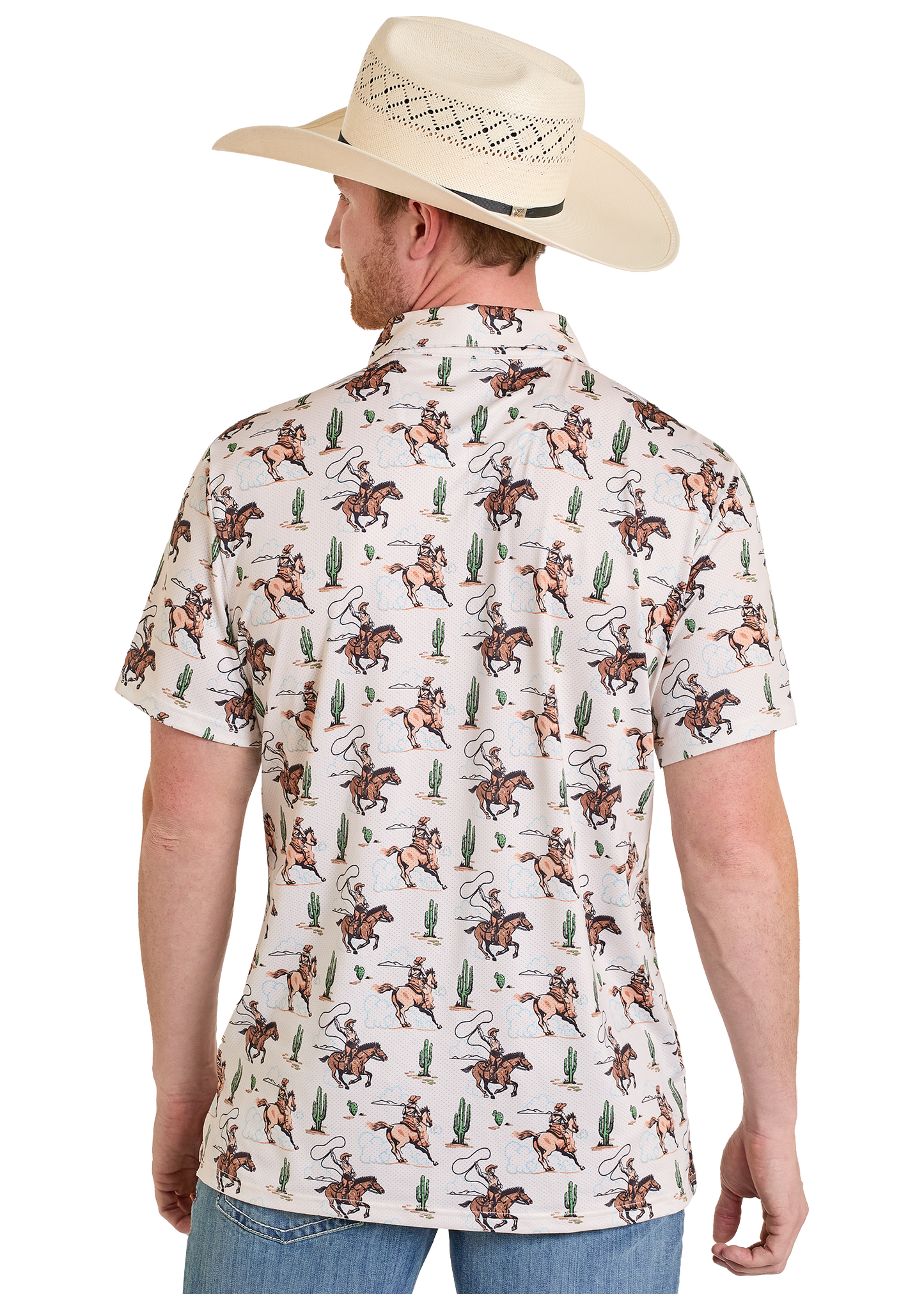 Man wearing a patterned shirt with cowboy design and a cowboy hat on a white background