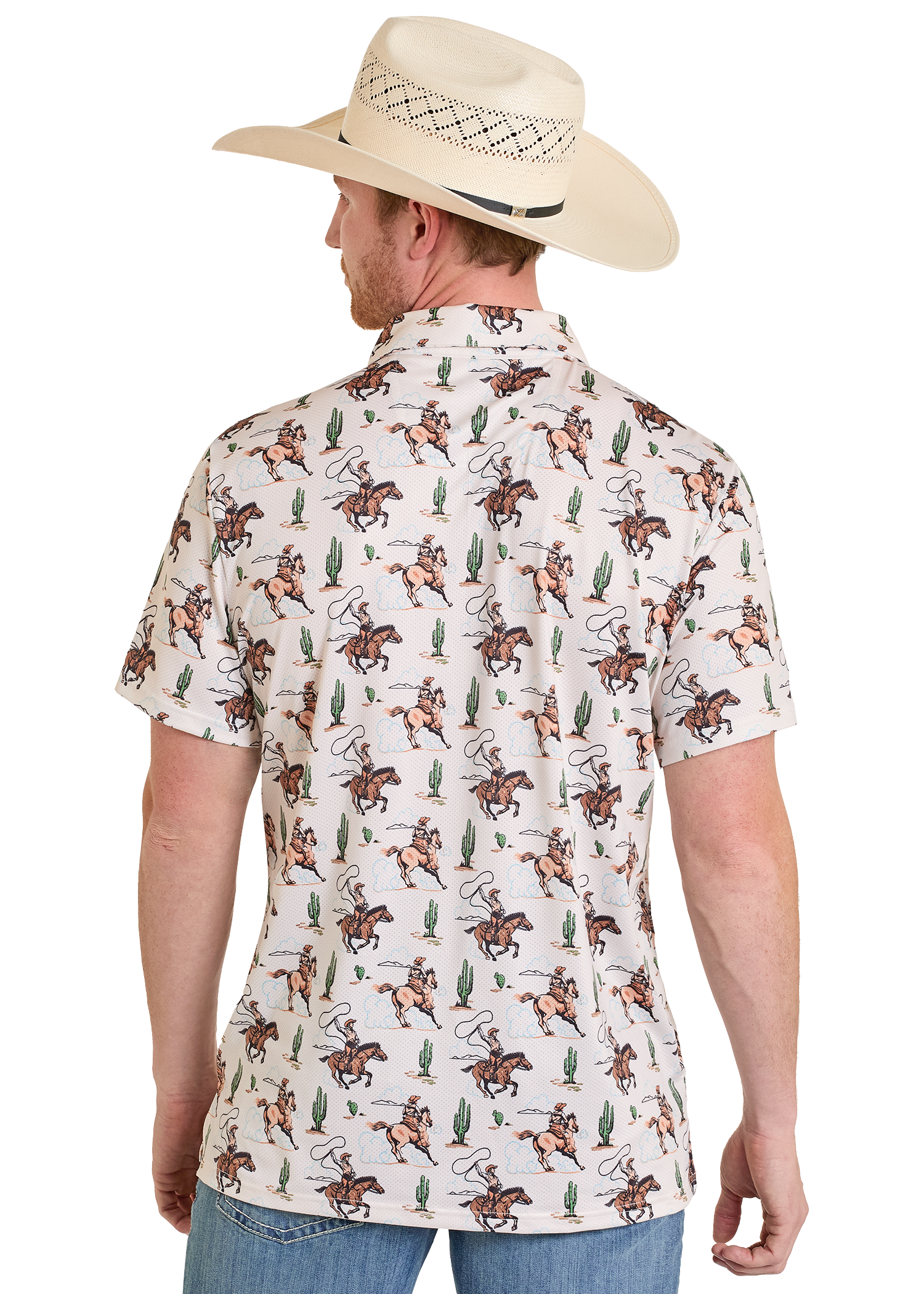 Man wearing a patterned shirt with cowboy design and a cowboy hat on a white background