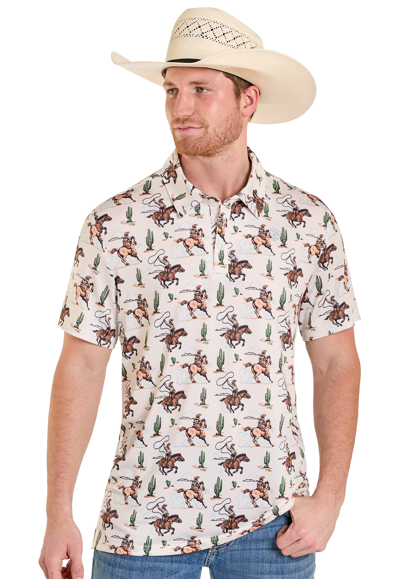Man wearing a patterned shirt with cowboy design and a cowboy hat on a white background