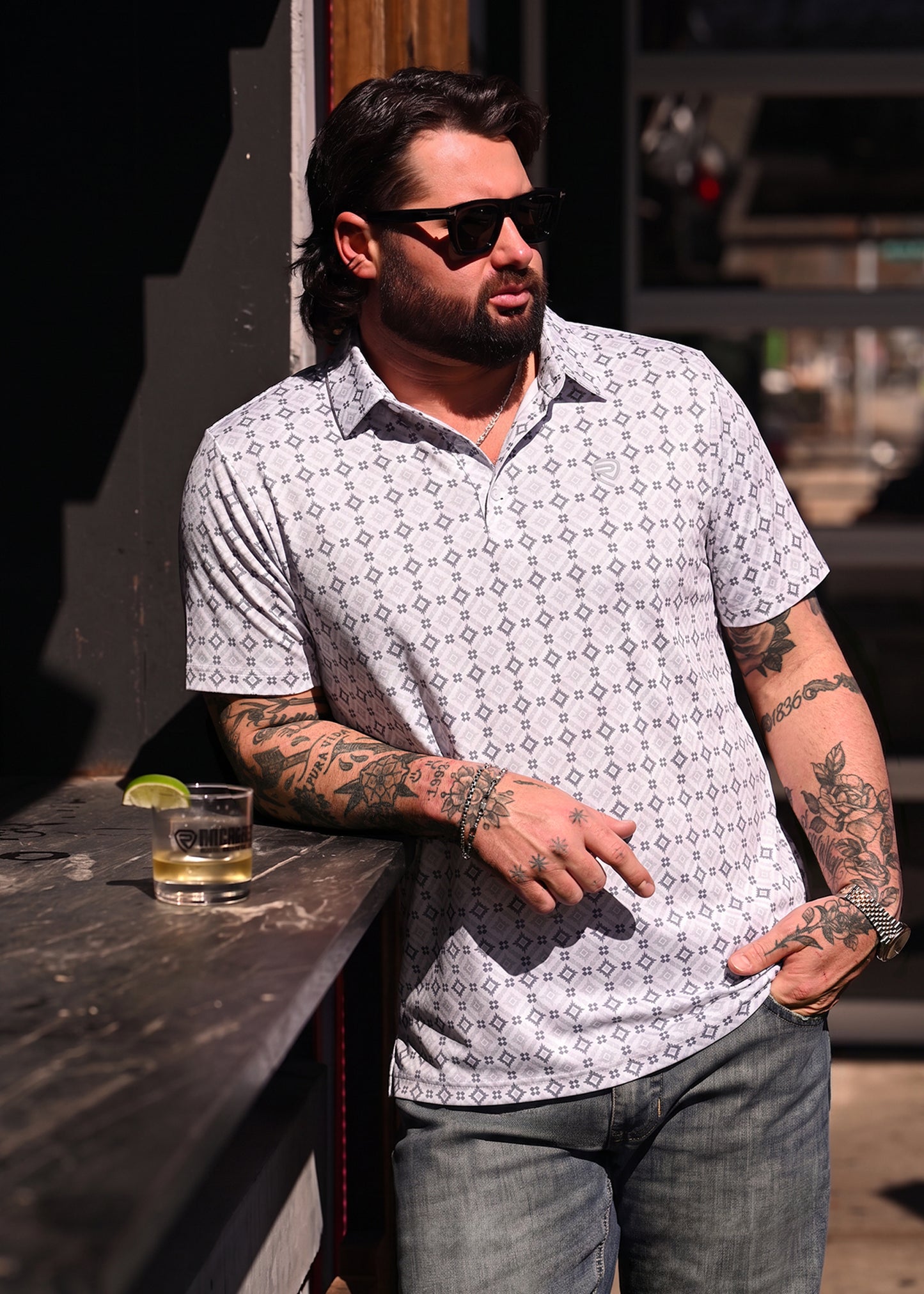 Koe Wetzel wearing Rock & Roll Denim Polo at bar