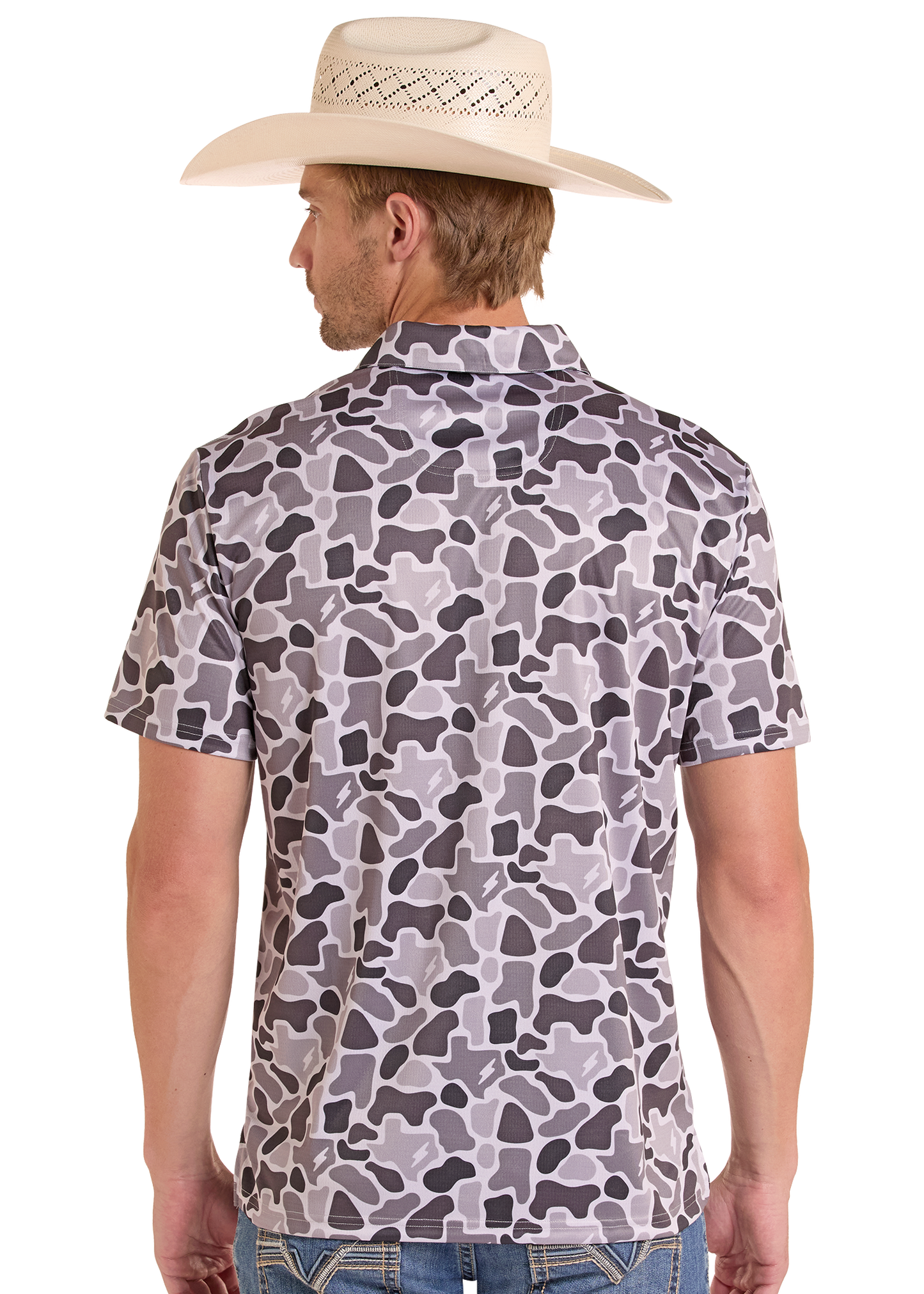 Man wearing a Texas camo shirt and cowboy hat on a white background