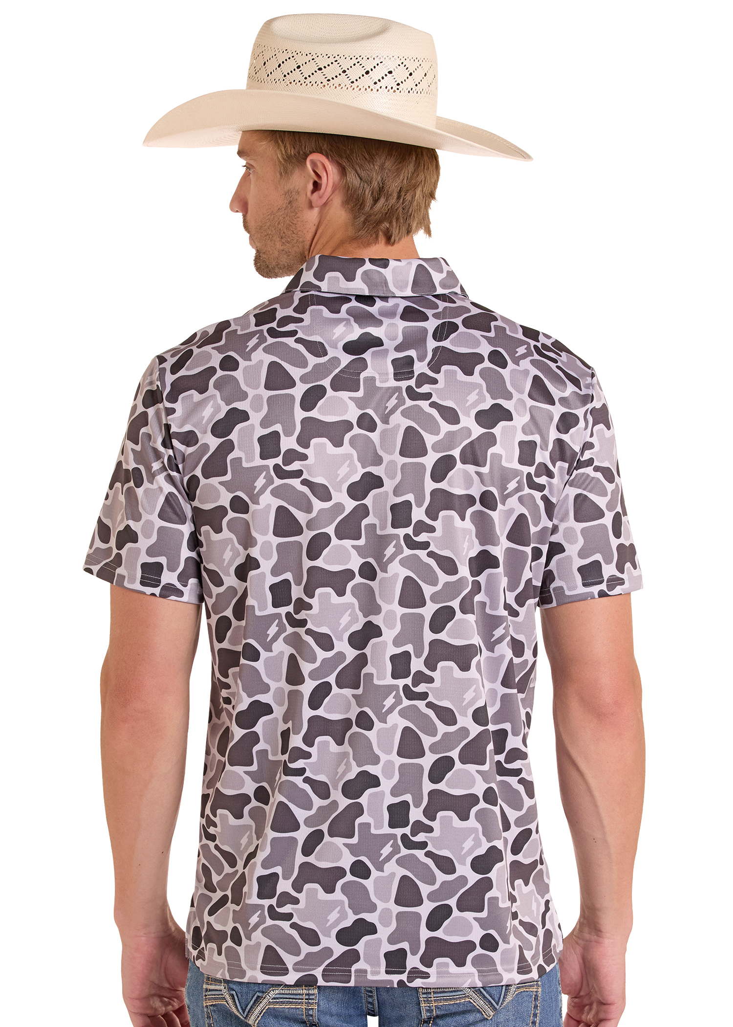 Man wearing a Texas camo shirt and cowboy hat on a white background