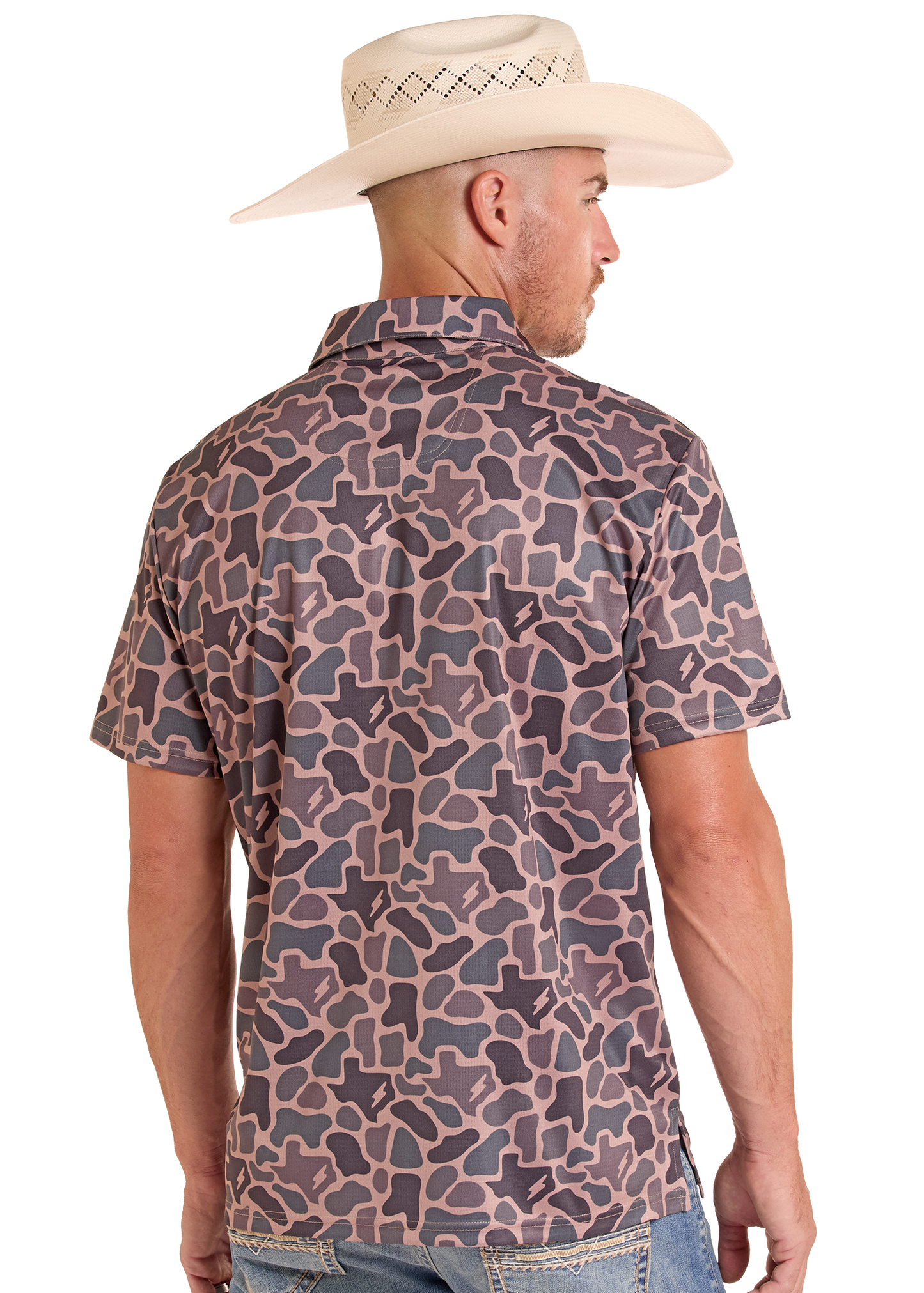 Man wearing a patterned shirt and cowboy hat on a white background