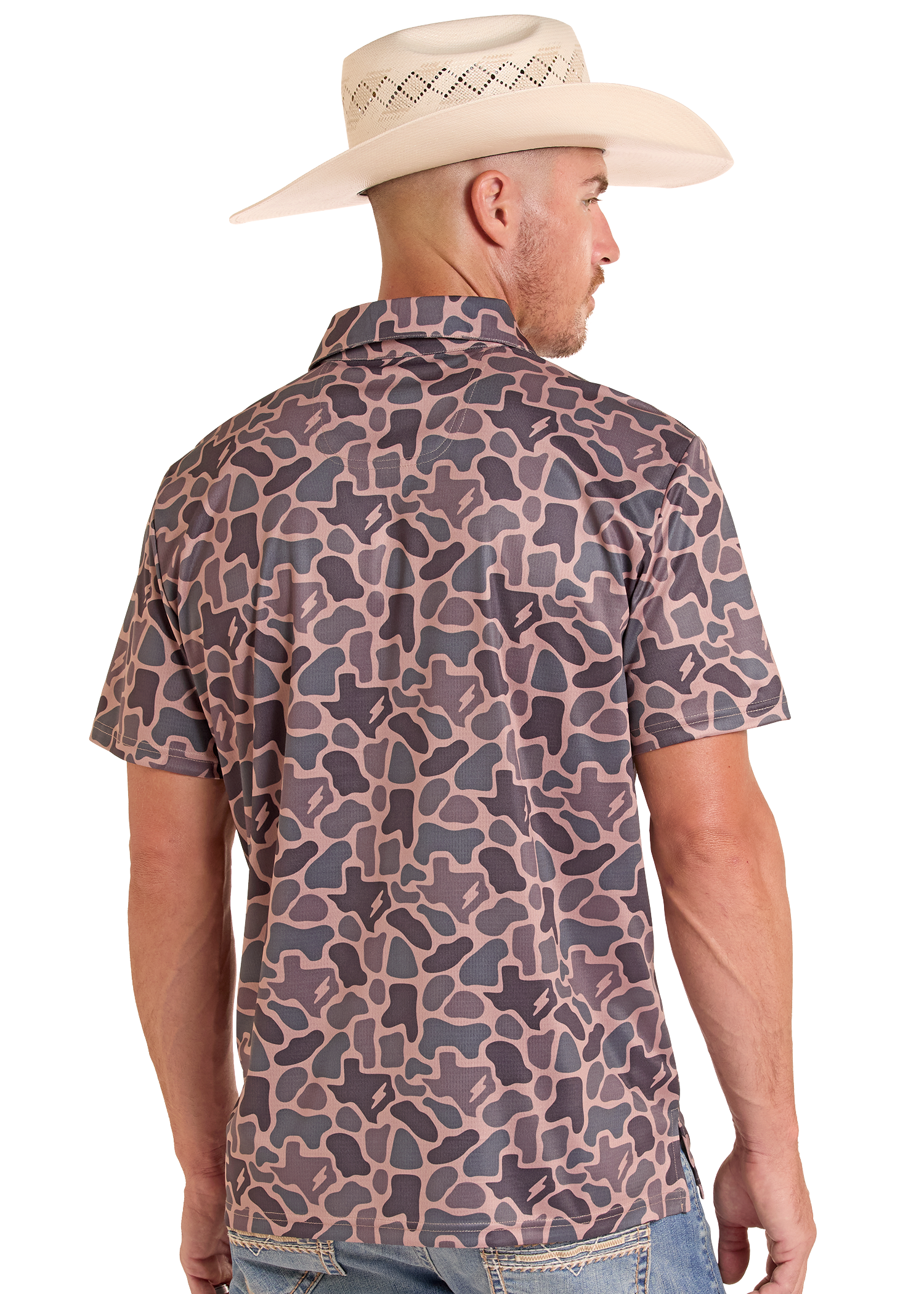 Man wearing a patterned shirt and cowboy hat on a white background